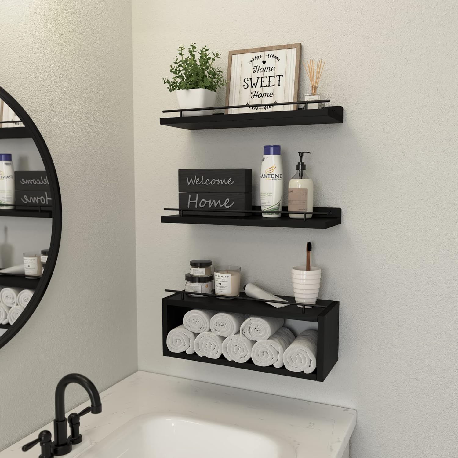 WOPITUES Floating Shelves for Wall with Cube Shelf, Wall Shelves with Metal Rail for Bathroom Decor, Bathroom Organizers and Storage, Over Toilet Shelves for Toilet Paper-Black - Image 6