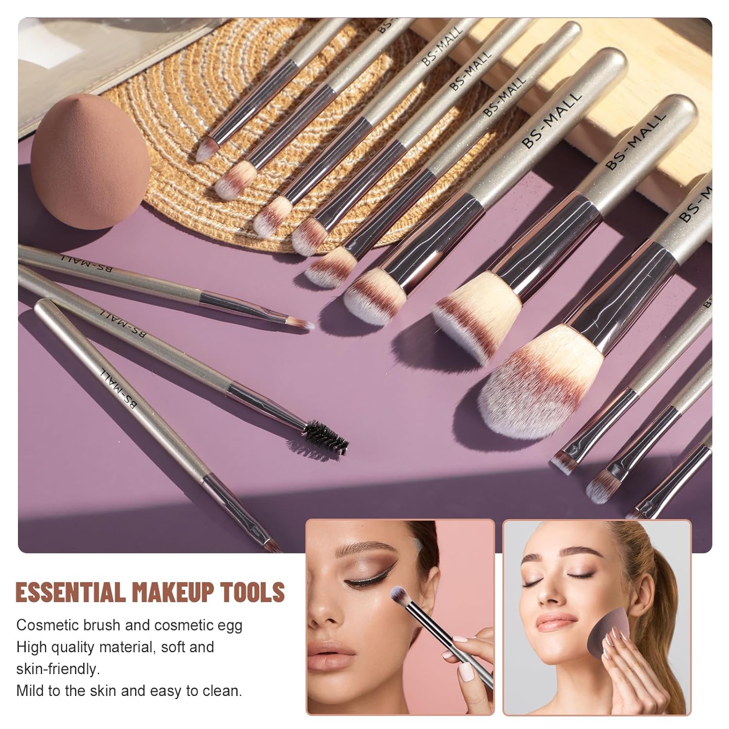 Travel Makeup Brush Set BS-MALL 14 Pcs with 1 Pcs Makeup Sponge – Essential Foundation Powder Concealers, Eye Shadows, Blush Makeup Brushes with Travel Makeup Case (Champagne) - Image 6