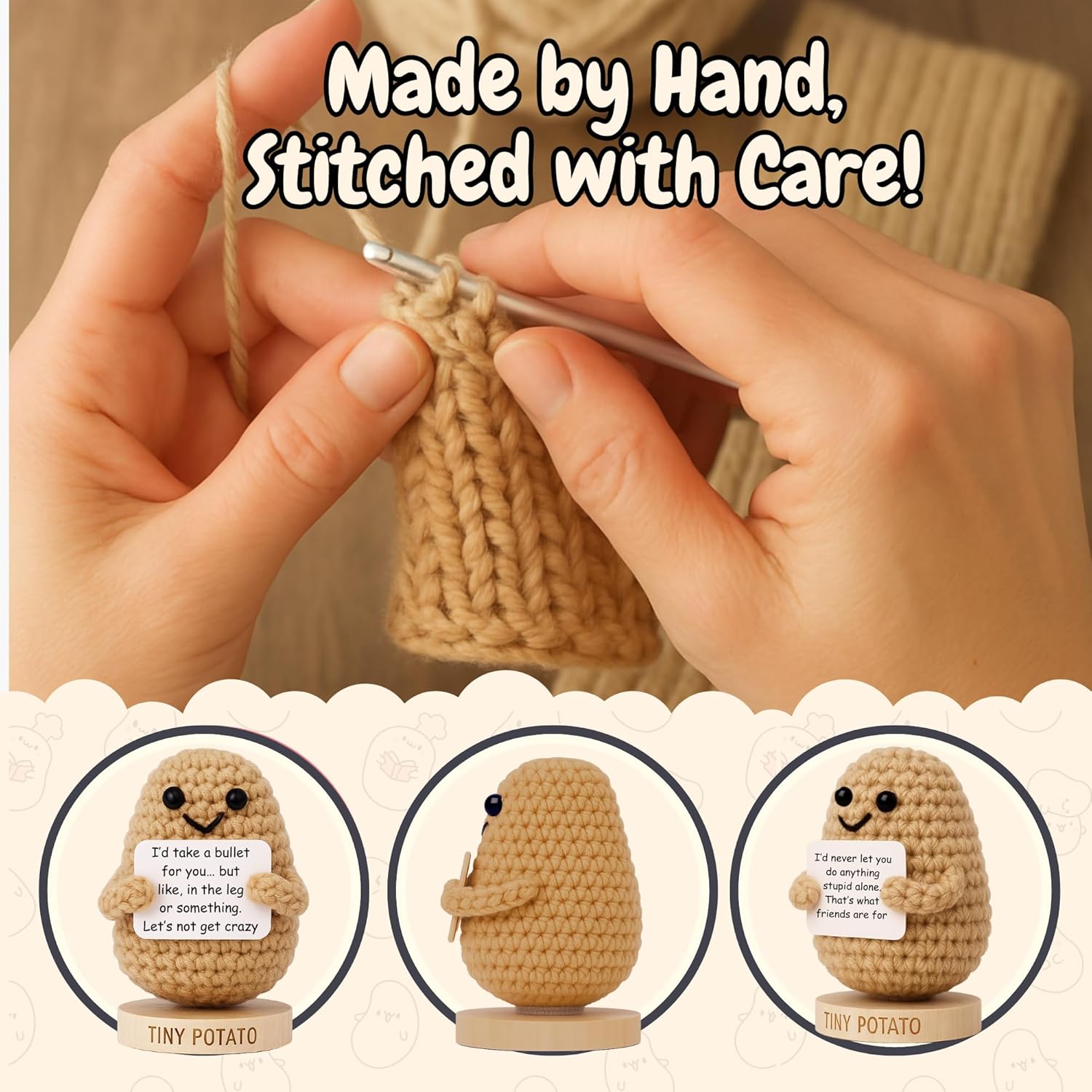 Funny Friendship Gift - Tiny Potato with 30 Sassy Messages for Women Friends Bestie BFF Coworkers - Best Friend Birthday Gifts for Women Sister | Positive Crochet Unique Present Idea for Mothers Day - Image 6