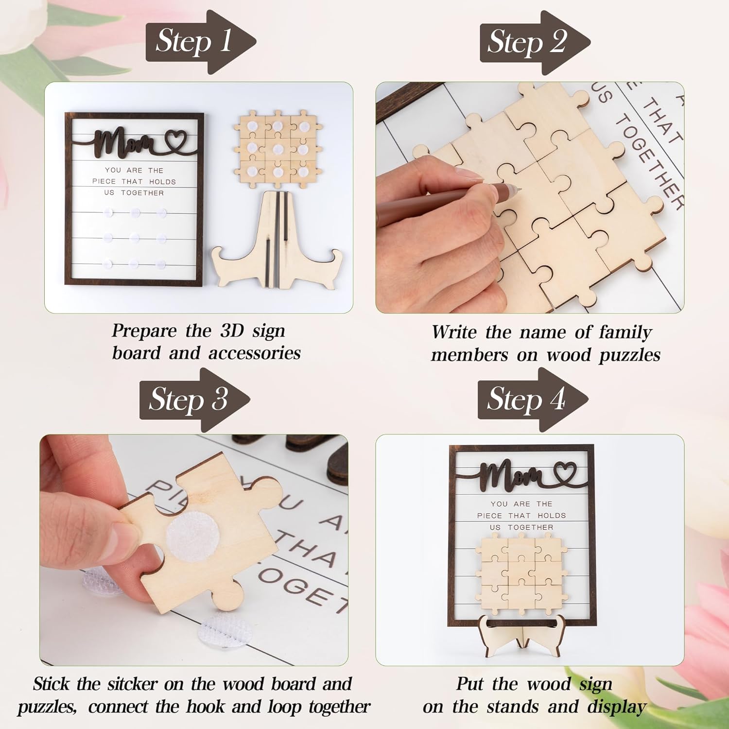 Personalized Mom Puzzle Piece Sign Gift, You are The Piece That Holds Us Together Plaque with Family Names, Grandparents Day Wood Sign, Birthday Gifts for Mommy from Daughter and Son (Mom) - Image 3