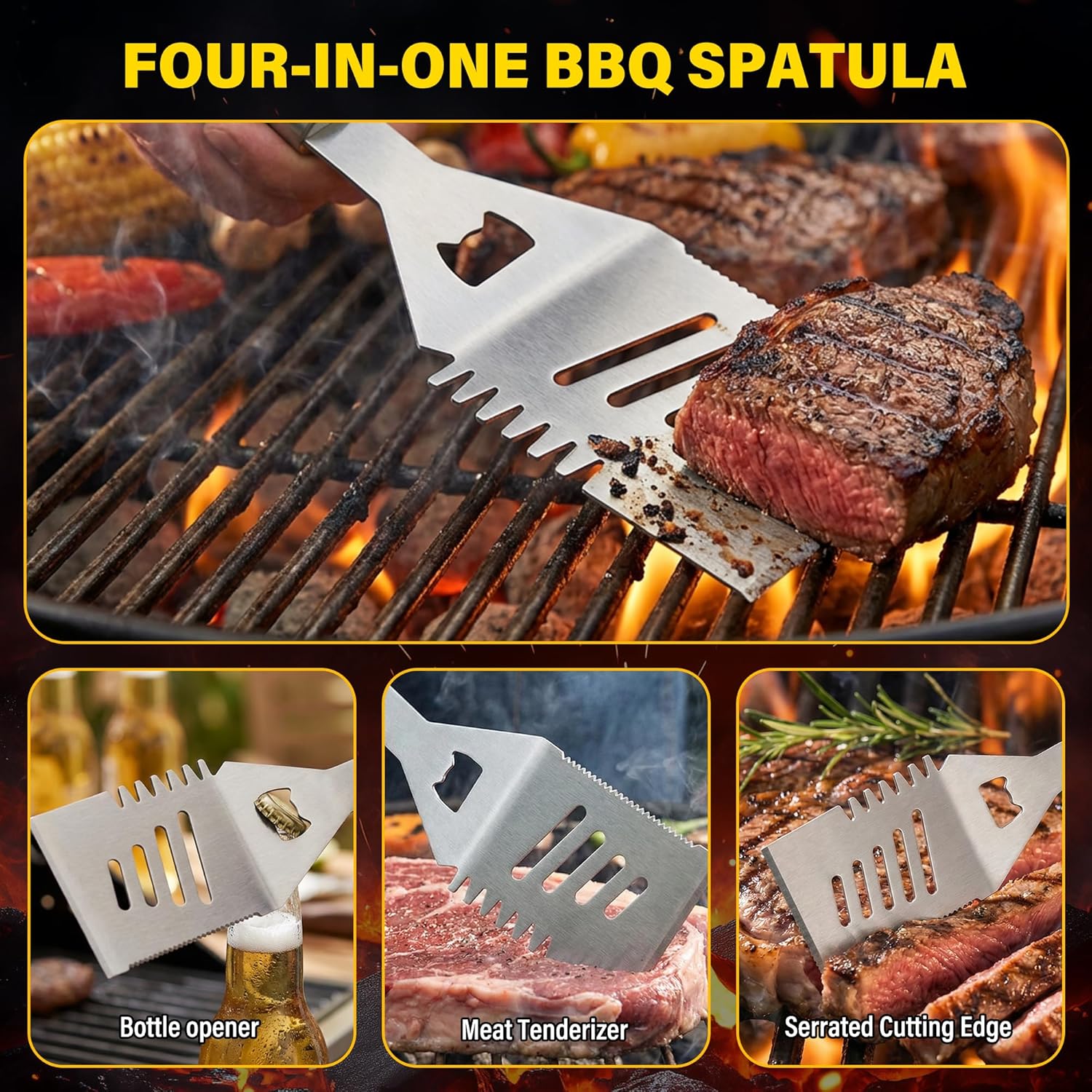Yekale BBQ Grill Accessories Set, Grill Tools Grilling Accessories Grilling Gifts for Men - Spatula, Fork, Brush, Tongs & Cleaning Brush - Outdoor Barbecue Utensils Gifts for Men Dad Him (Wood) - Image 4