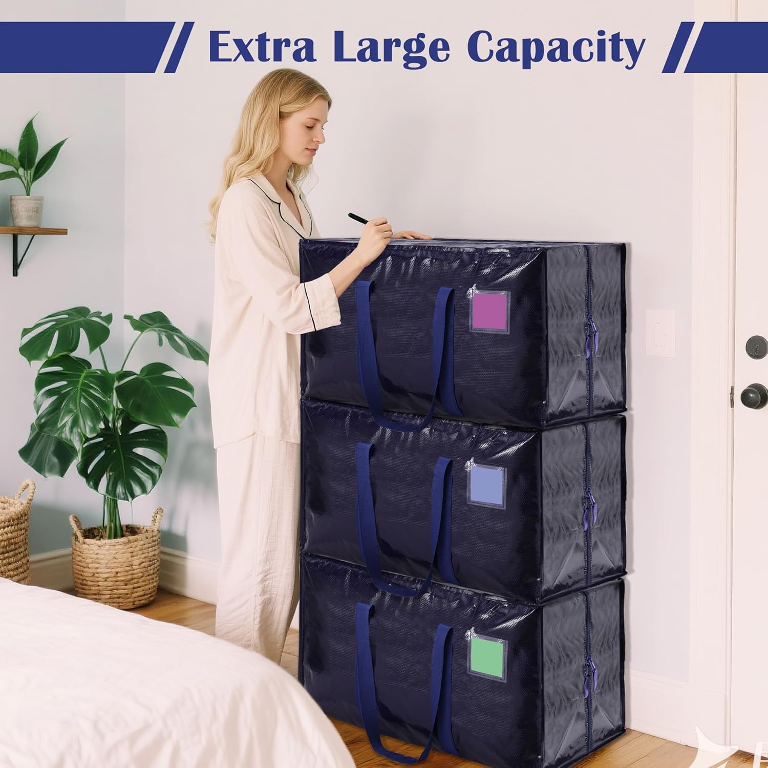 6 Pack Moving Bags with Full-Open Side Zipper, Extra Large 93L Heavy Duty Waterproof Foldable Storage Totes for College Dorm, Moving & Home Organization, Blue - Image 4