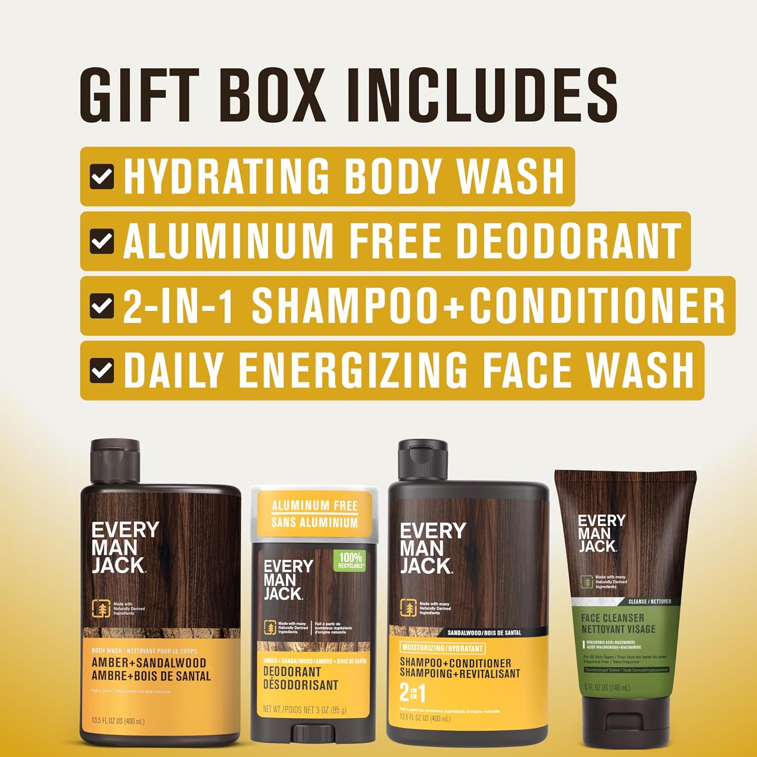 Every Man Jack Men's Bath and Body Gift Set - Amber + Sandalwood Scent - Clean Ingredients - Includes Hydrating Body Wash, 2-in-1 Shampoo, Aluminum-free Deodorant & Face Wash - Image 2