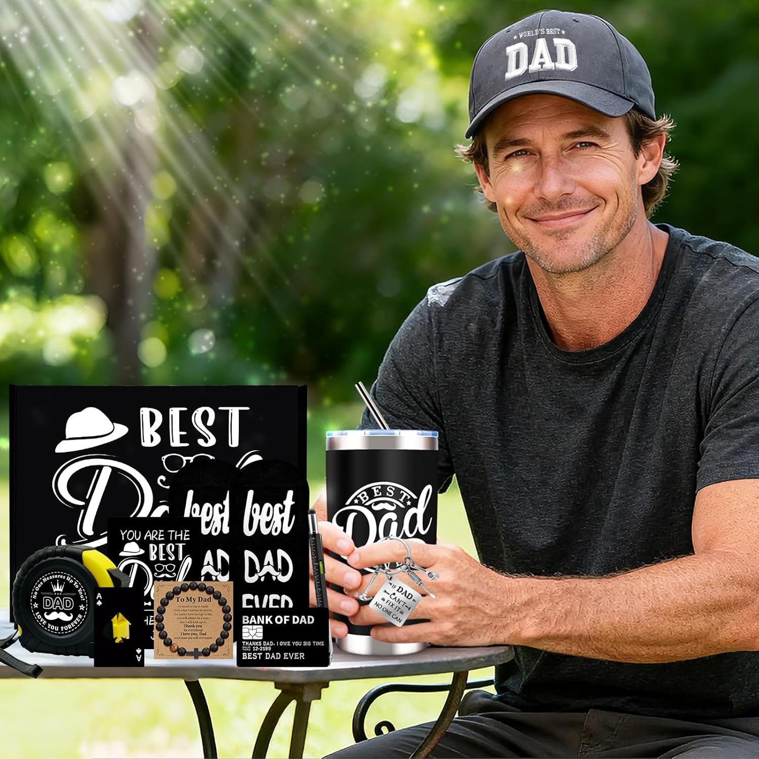 11 Pcs Best Dad Ever Gift, Father's Day Gifts, Dad Gifts for Men with 20 Oz Tumbler Socks Baseball Cap Tape Measure Bracelet Wallet Card Keychain, Fathers Day Birthday Christmas Gift for Dad Husband - Image 2