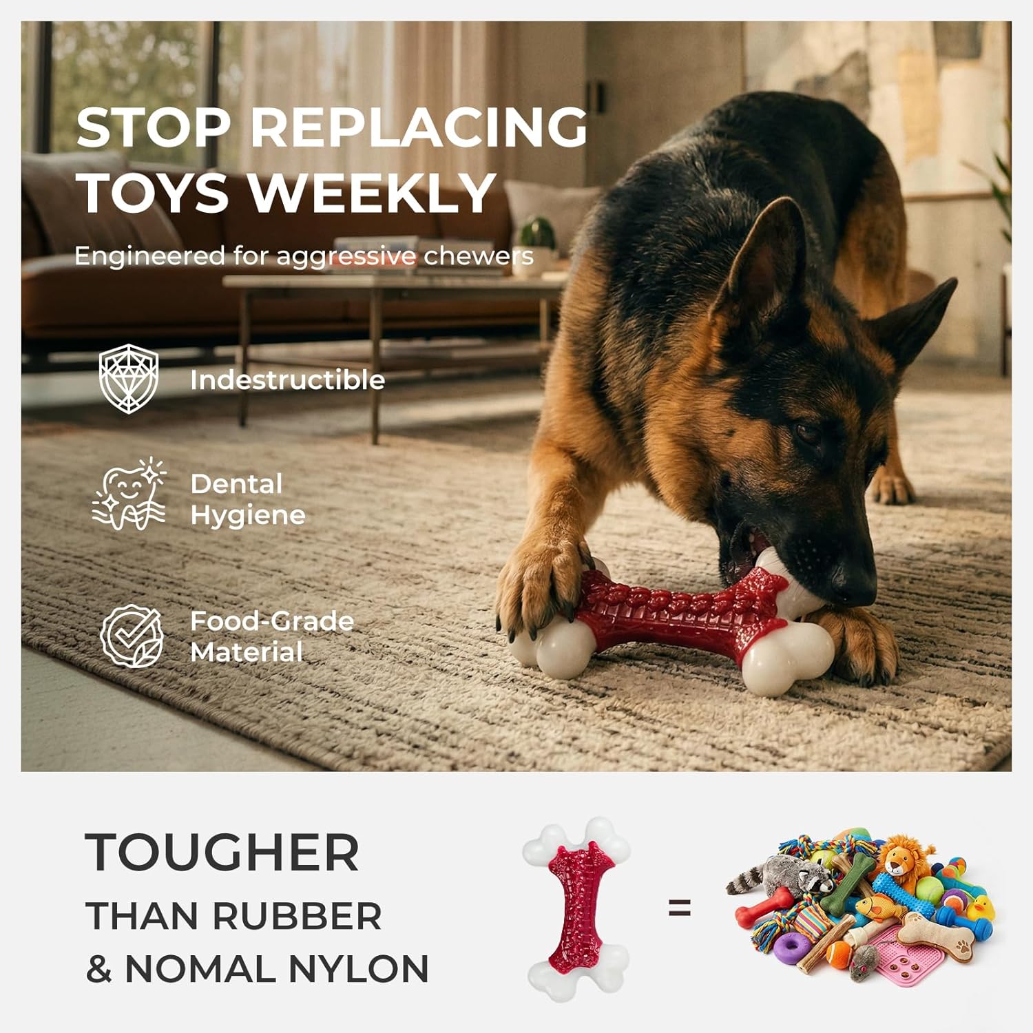 Kseroo Indestructible Dog Toys for Aggressive Chewers: Beef Flavored Hard Nylon Bone Chew Toys, Tough Dog Chew Toys for Large Dogs, Dog Toys to Keep Them Busy for Medium Large Breed (20-80 lbs), Red - Image 2