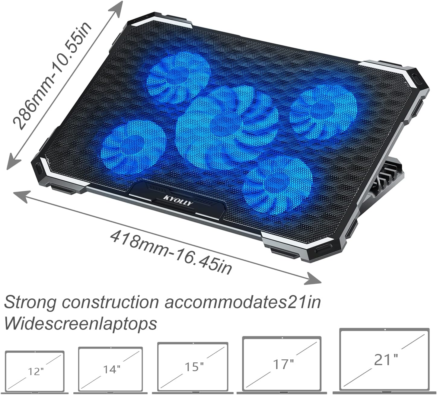 KYOLLY Upgrade Laptop Cooling Pad,Gaming Laptop Cooler with 5 Quiet Fans,2 USB Ports,5 Adjustable Stand Height,Blue LED Lights,for 15.6 Inch Laptops - Image 7
