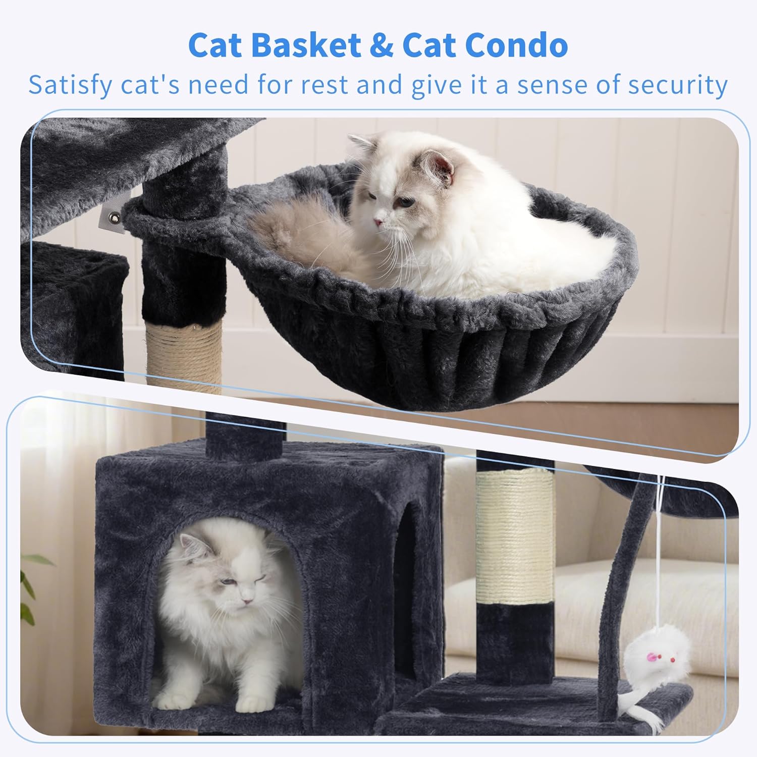 Heybly Cat Tree with Toy, Cat Tower Condo for Indoor Cats, Cat House with Padded Plush Perch, Cozy Hammock and Sisal Scratching Posts, Smoky Gray HCT004SG - Image 3