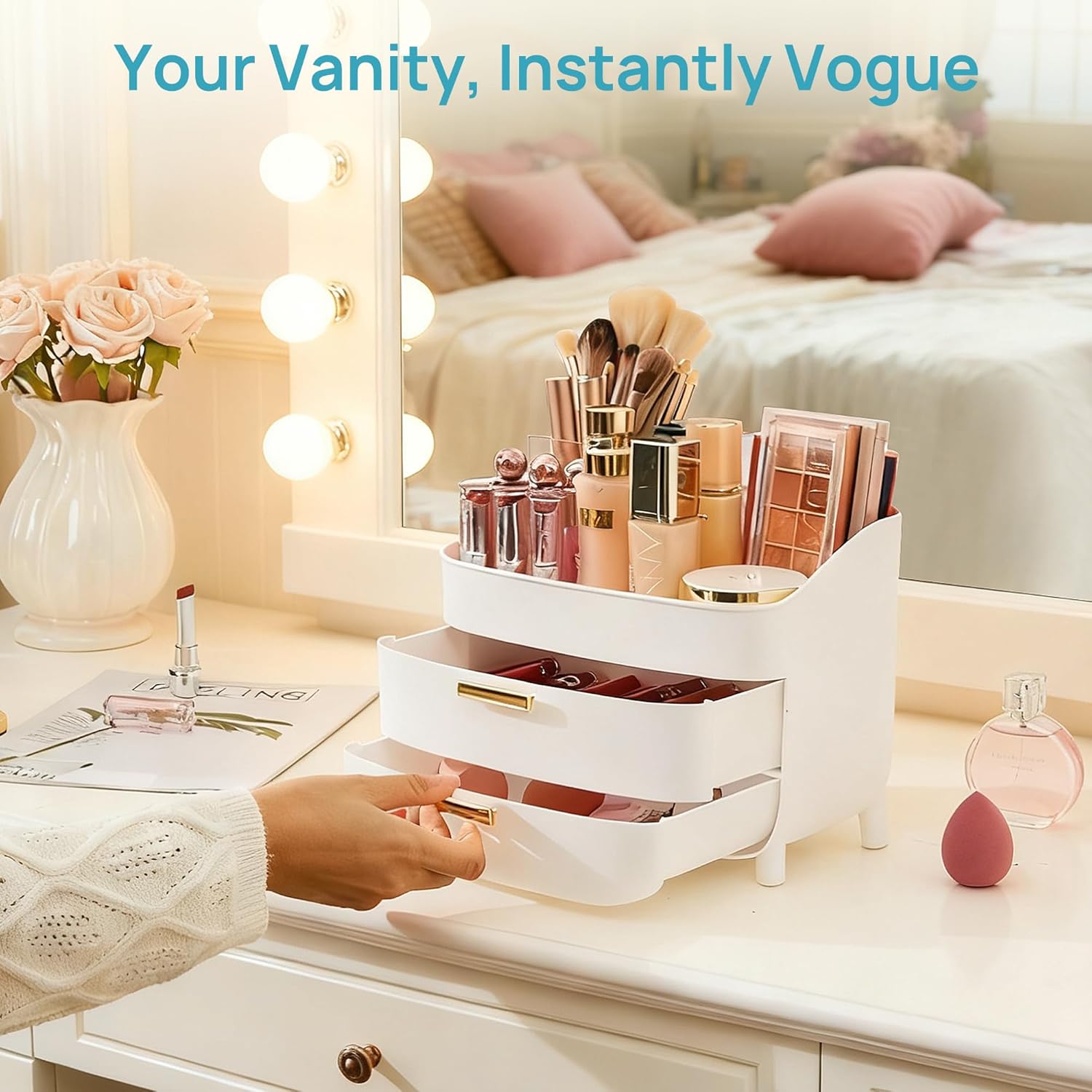 Vtopmart 3-Tier Skincare Makeup Organizer with Drawers for Vanity and Bathroom Countertop, Large Cosmetic Storage Box Case for Dresser, with Non-Slip Base - Image 6