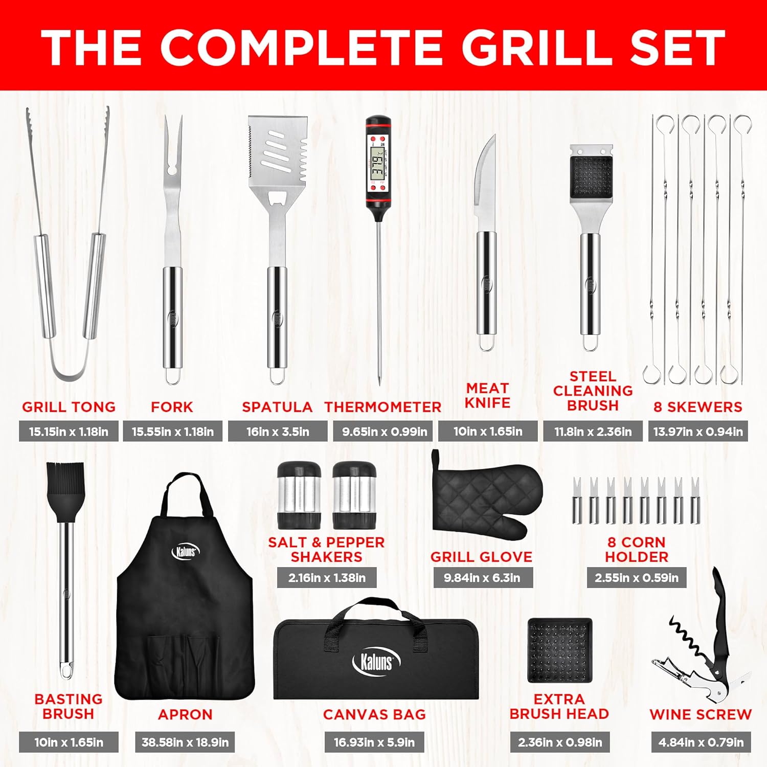Kaluns Grilling Accessories, Dad Gifts for Fathers Day, Heavy Duty Stainless Steel Grill Set BBQ Grill Accessories for Outdoor Grill with Meat Thermometer, Case and Apron - Image 2