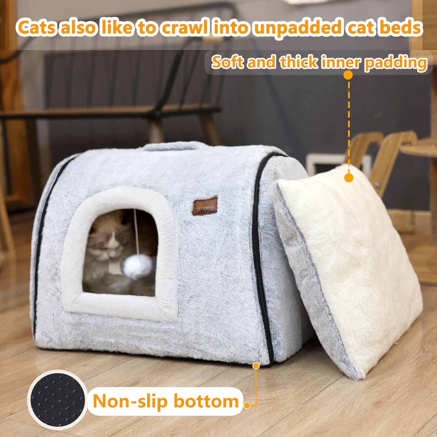 cat Bed cave-cat beds for Indoor Cats,Soft and Comfortable,Cute cat House,with Removable Washable Cushioned Pillow,Enclosed cat Bed,Kitty pet hut、Hideaway,Small Dog Tent,Grey - Image 6