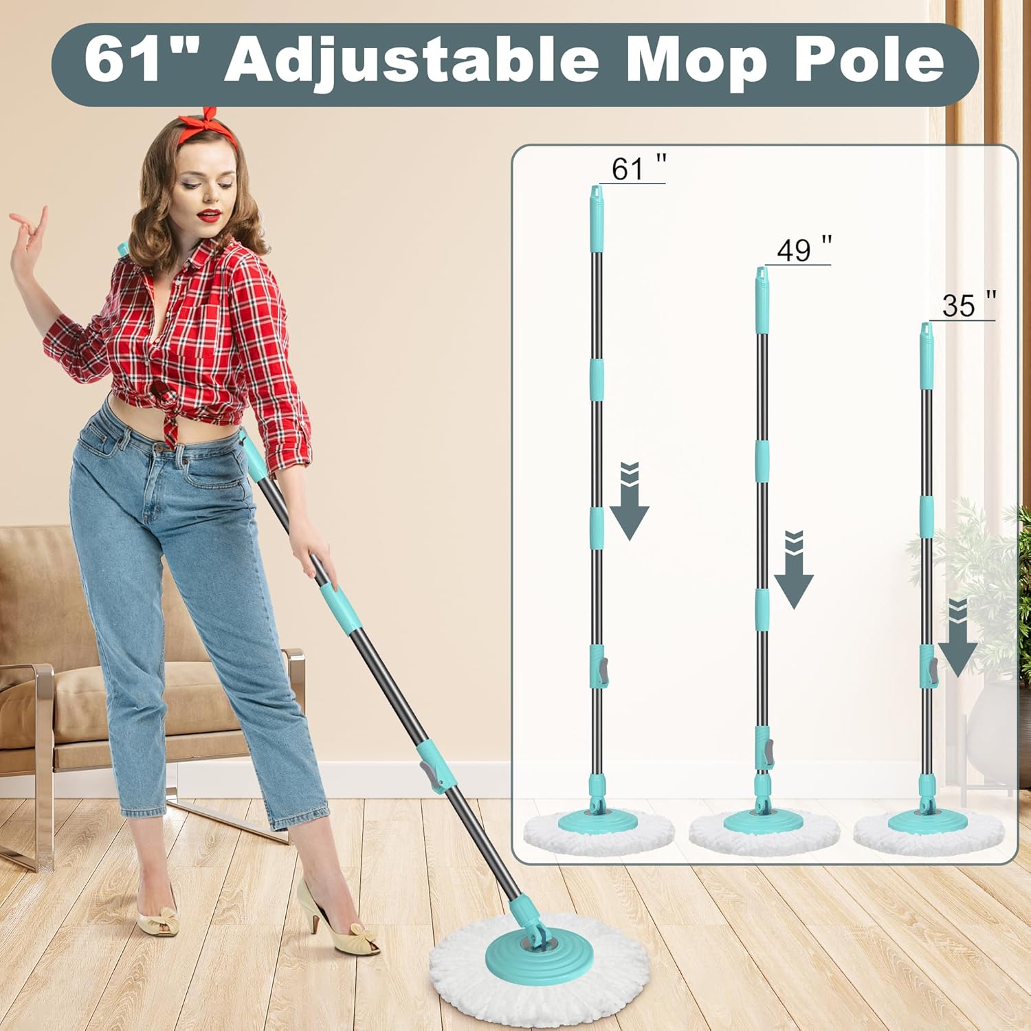 Spin Mop and Bucket System, Mop and Bucket with Wringer Set,Mops for Floor Cleaning,Household Supplies Tools with 6 Replacement Refills,61" Extended Handle for Household Hardwood Floor - Green - Image 7