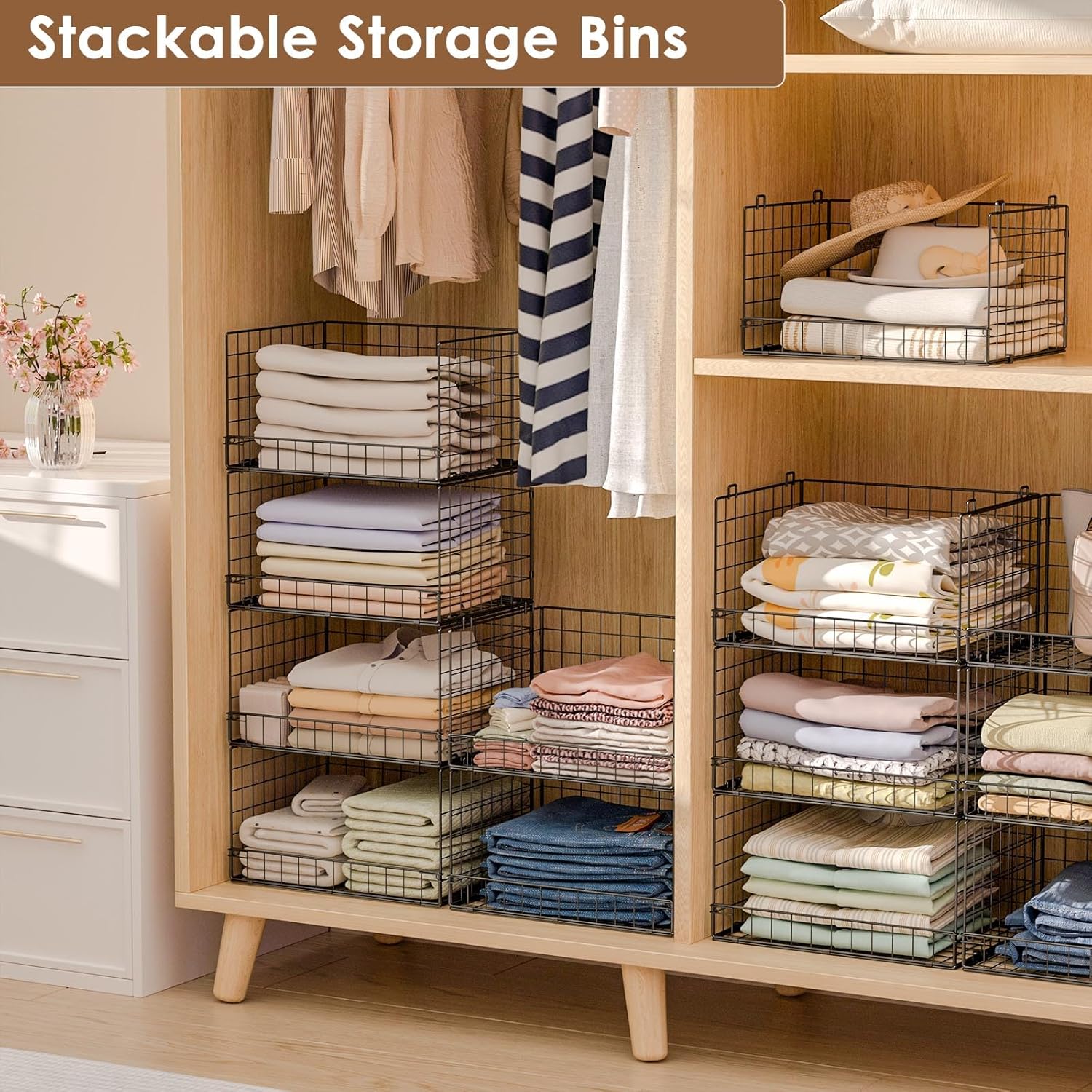 Yociyoga 4-Tier Stackable Closet Organizers and Storage Shelves, Clothes Shelf Organizer Basket Bins, Foldable Sweater Storage for Closet Organizer System, Black (Patent Pending) - Image 9