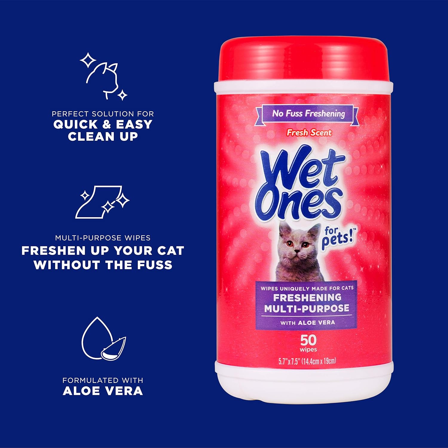 Wet Ones for Cats Freshening Wipes, Multi-Purpose Cat Grooming Wipes with Aloe Vera, Helps Remove Dirt, Odor, and Dander Between Baths, Fresh Scent, 50 Count - Image 2