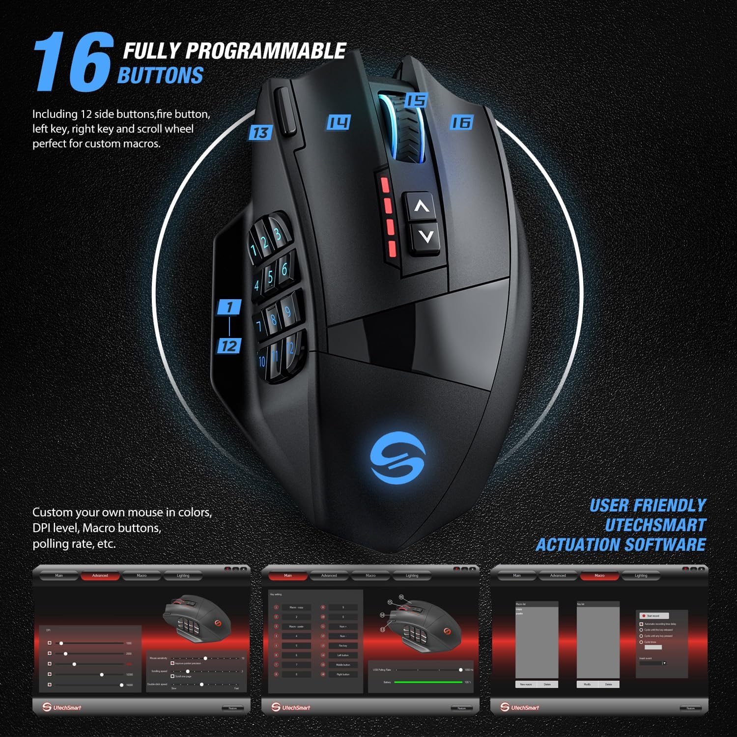 UtechSmart Venus Pro RGB Wireless MMO Gaming Mouse, 16,000 DPI Optical Sensor, 2.4 GHz Transmission Technology, Ergonomic Design, 16M Chroma RGB Lighting, 16 programmable Buttons, Up to 70 Hours - Image 5