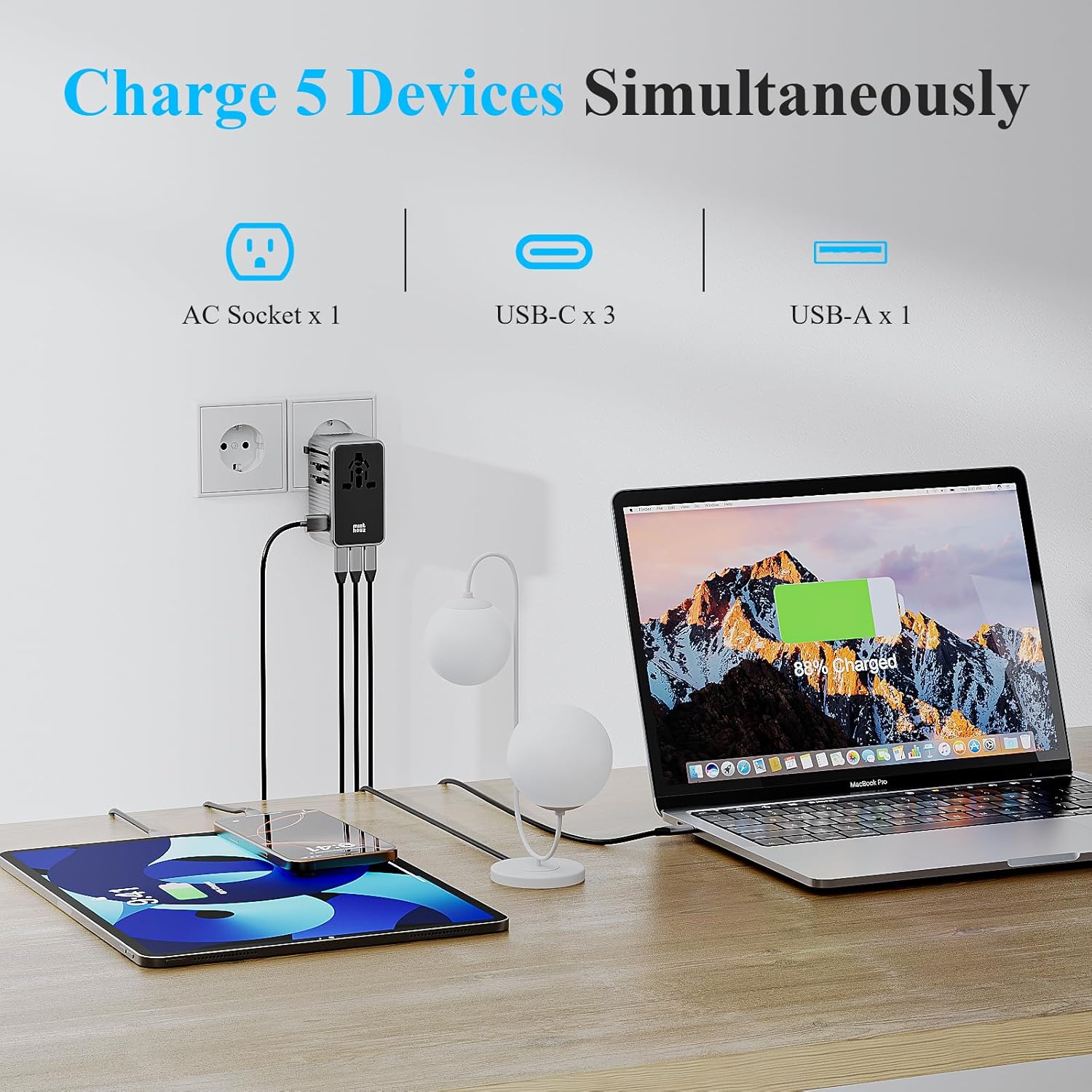 Minthouz Universal Travel Adapter, International 140W Power Adapter GaN PD Fast Charger with 3 USB-C PD & 1 USB-A Port, All-in-One Portable AC Worldwide Power Converter Plug for USA EU UK AUS and More - Image 4