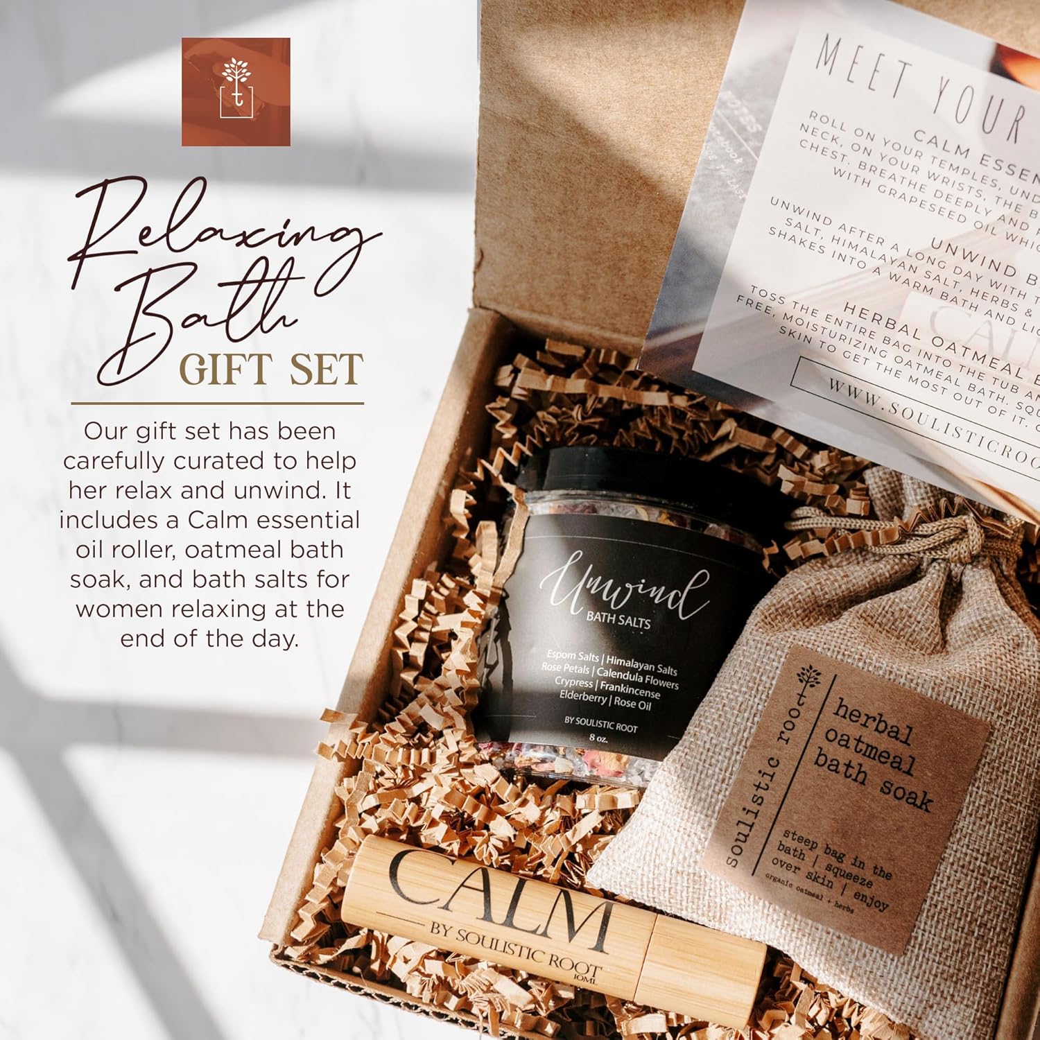 SOULISTIC ROOT Revitalizing Bath Gift - Premium Self-Care Bath & Body Set with Lavender Oatmeal Soak, Tranquil Essential Oil Roller, Epsom Salt Soak, Home Spa Kit, Ready-to-Gift Box - Image 4