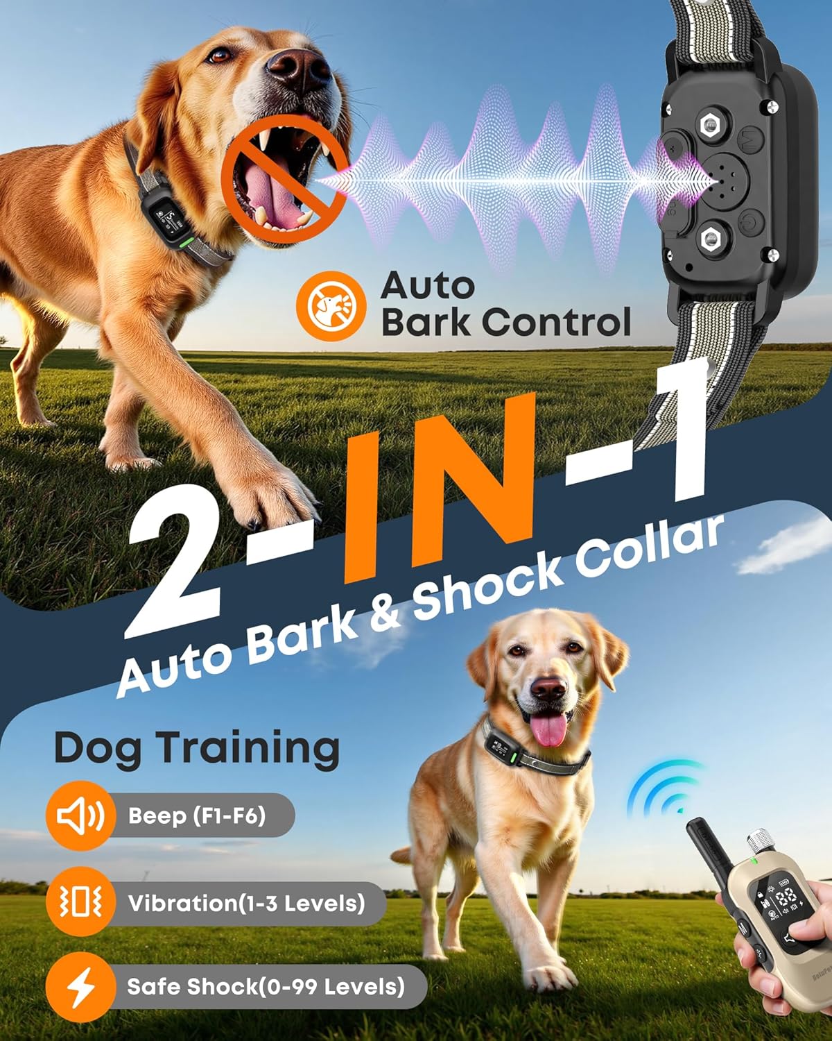 Delupet 2-in-1 Dog Bark & Shock Collar – 4500FT Dog Training Collar with Remote, 3 Training Modes & LED Light, IPX8 Waterproof E Collars with Anti-Barking for Small Medium Large Dog (Titanium) - Image 2
