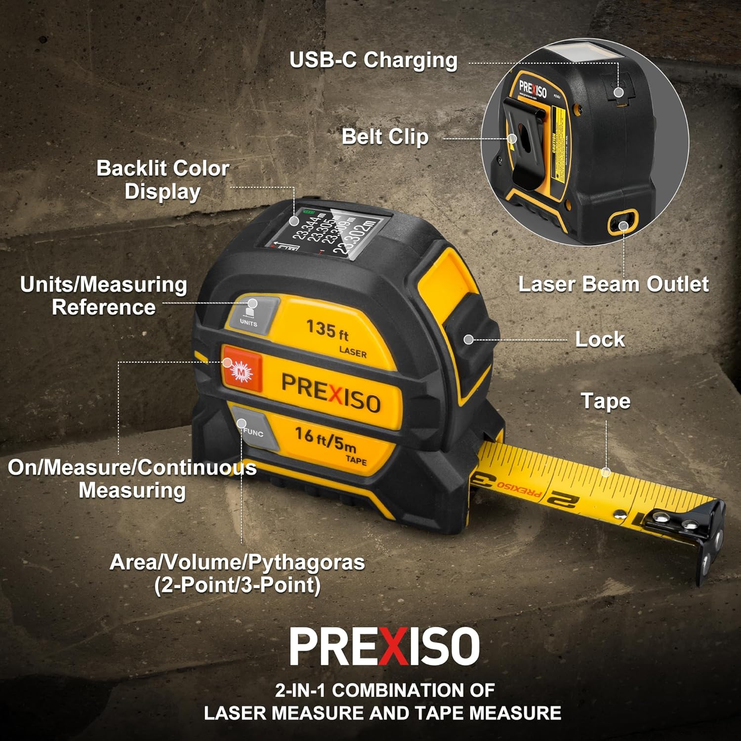 PREXISO 2-in-1 Laser Tape Measure, 135Ft Rechargeable Measurement Tool & 16Ft Measuring Movable Magnetic Hook - Pythagorean, Area, Volume, Ft/Ft+in/in/M Unit NOT Digital - Image 6