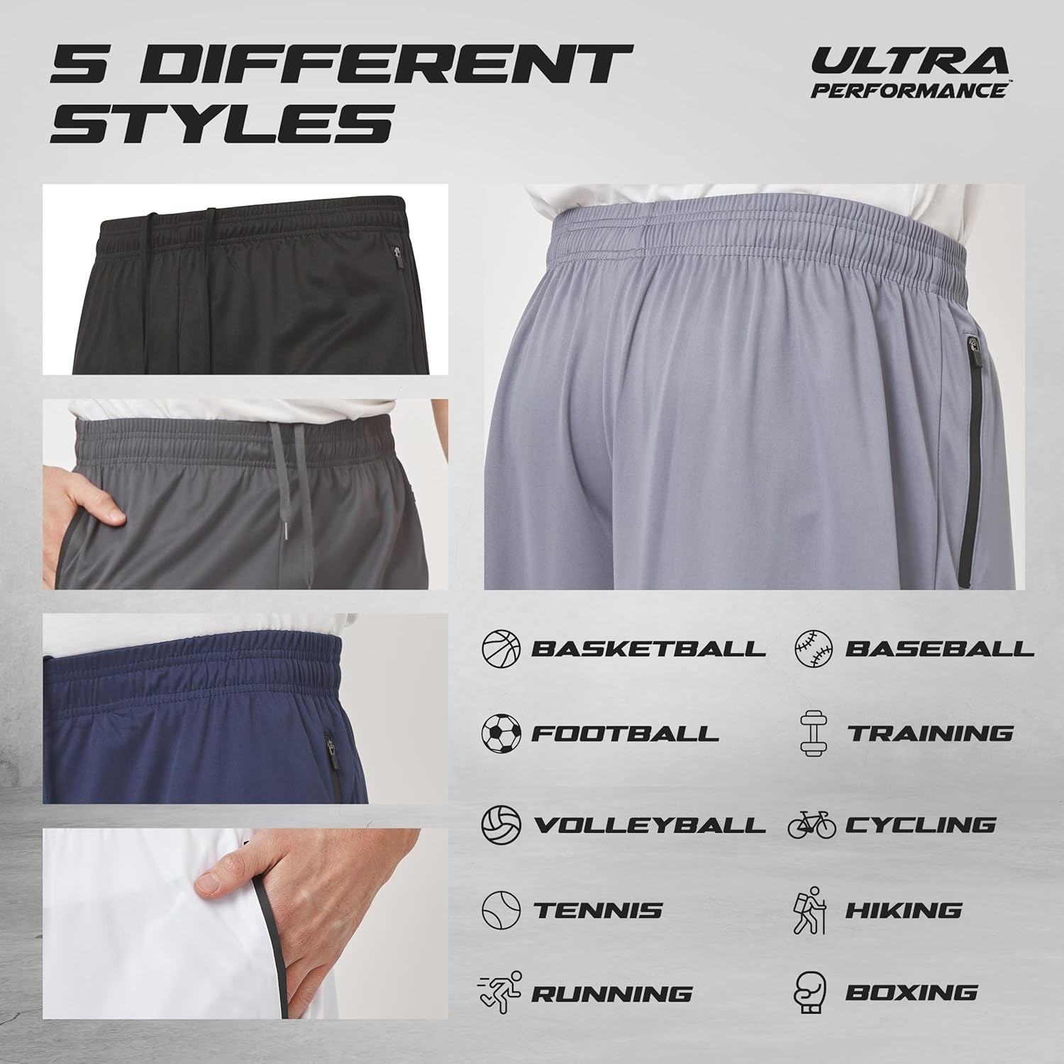 Ultra Performance Mens 5 Pack Athletic Running Shorts, Loose fit Basketball Gym Workout Shorts for Men with Zippered Pockets - Image 5