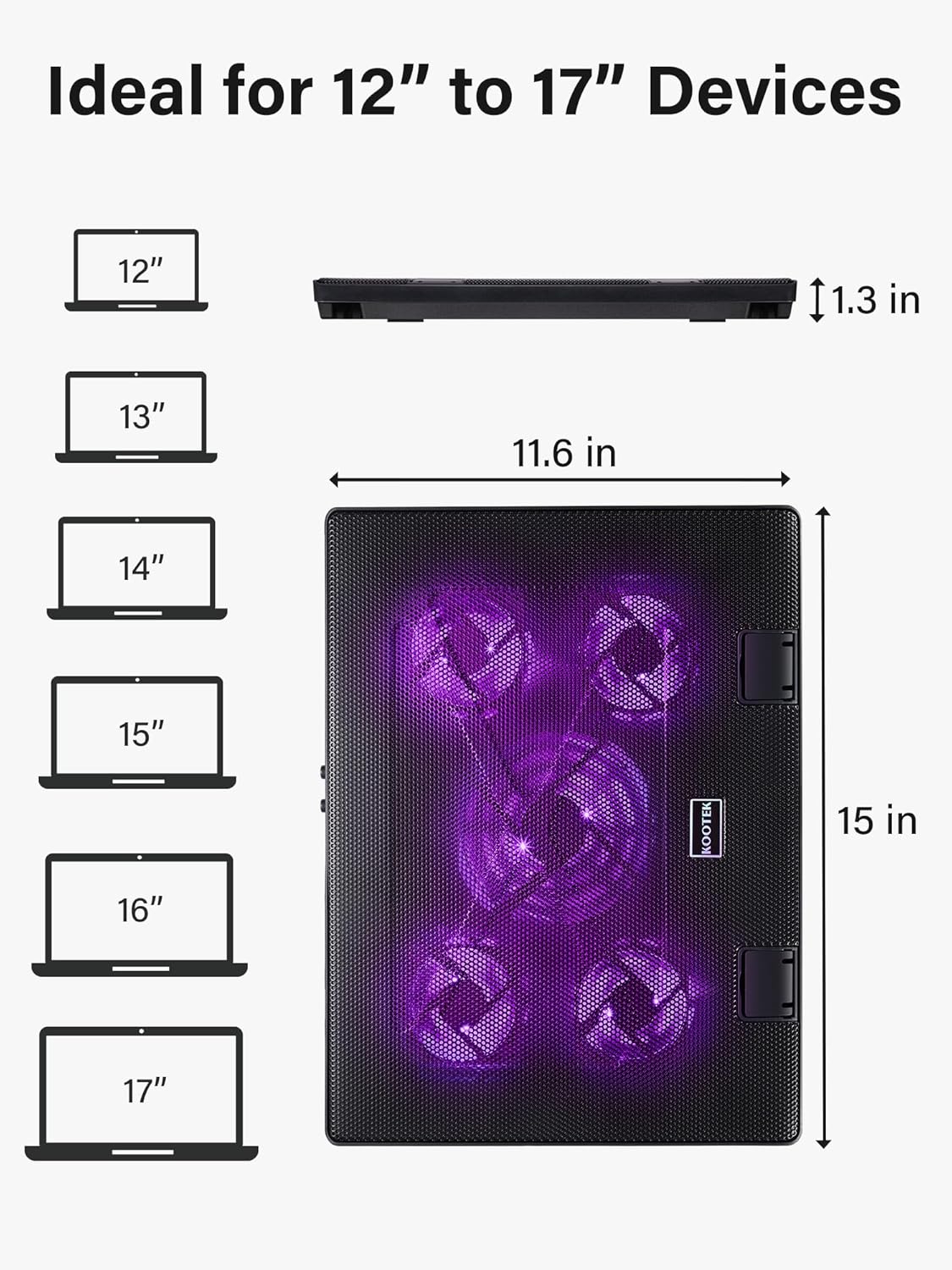 Kootek Laptop Cooling Pad, Laptop Cooler with 5 Quiet Fans for 12"-17" Computer PC Notebook Gaming Laptop Fan, Height Adjustable Laptop Cooling Stand Laptop Accessories (Purple) - Image 7