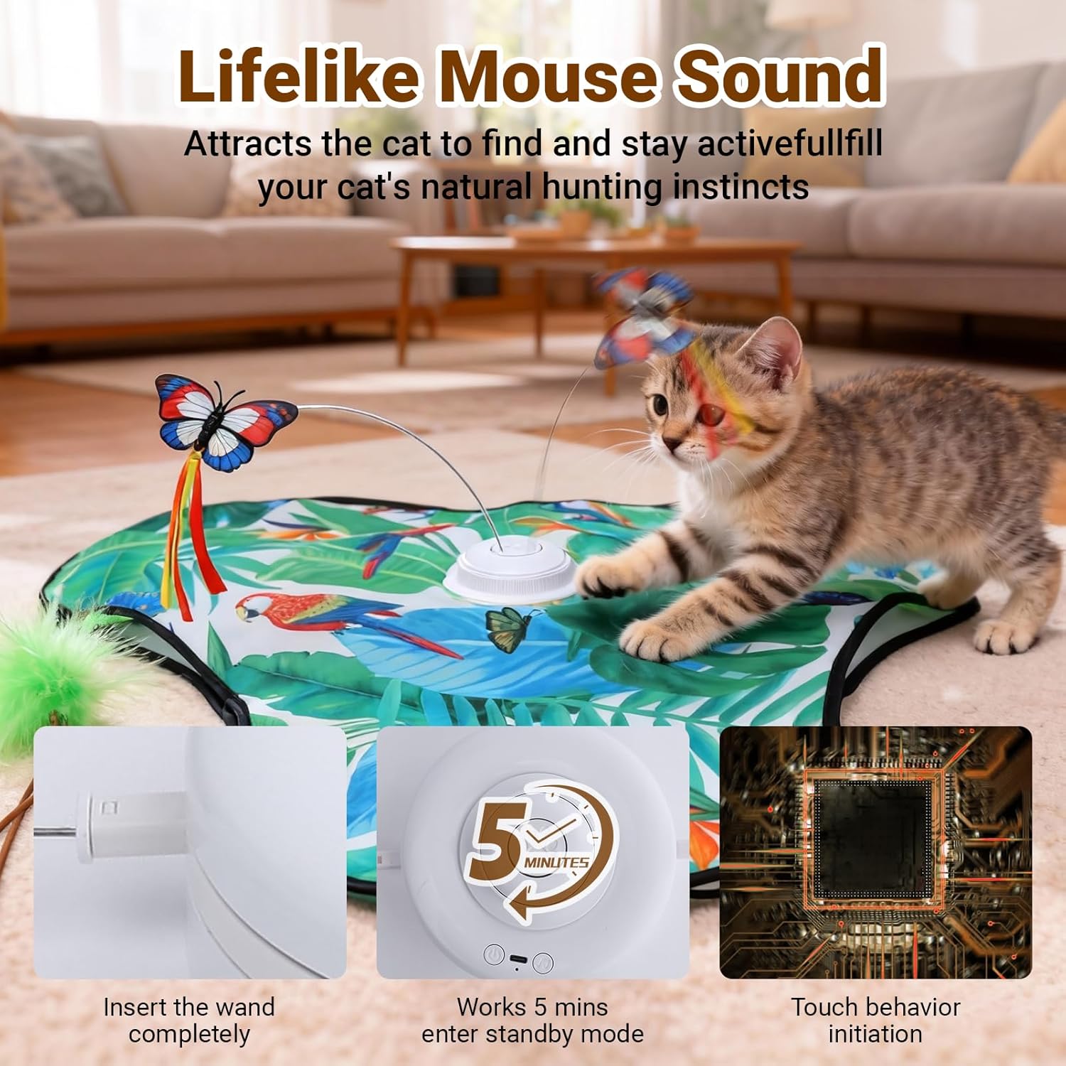 Interactive Cat Toys Rechargeable,Moving Concealed Feathers,Real Mouse Squeaky,Touch Activated Cat Kitten Toy Exercise Toys for Indoor Bored Adult Cats (Green) - Image 8