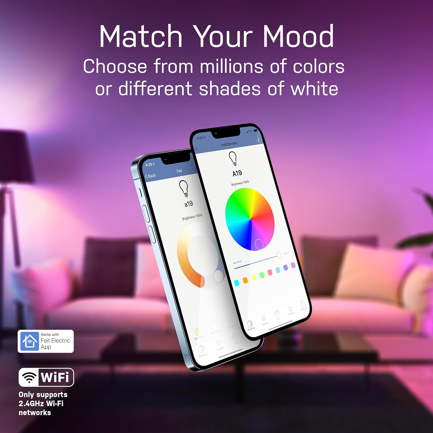 Feit Electric OM60/RGBW/CA/AG/3 60 Watt Equivalent WiFi Color Changing and Tunable White, Dimmable, No Hub Required, Alexa or Google Assistant A19 LED Smart Light Bulb, 3-Pack, Rgbw Multicolor, 60W - Image 3