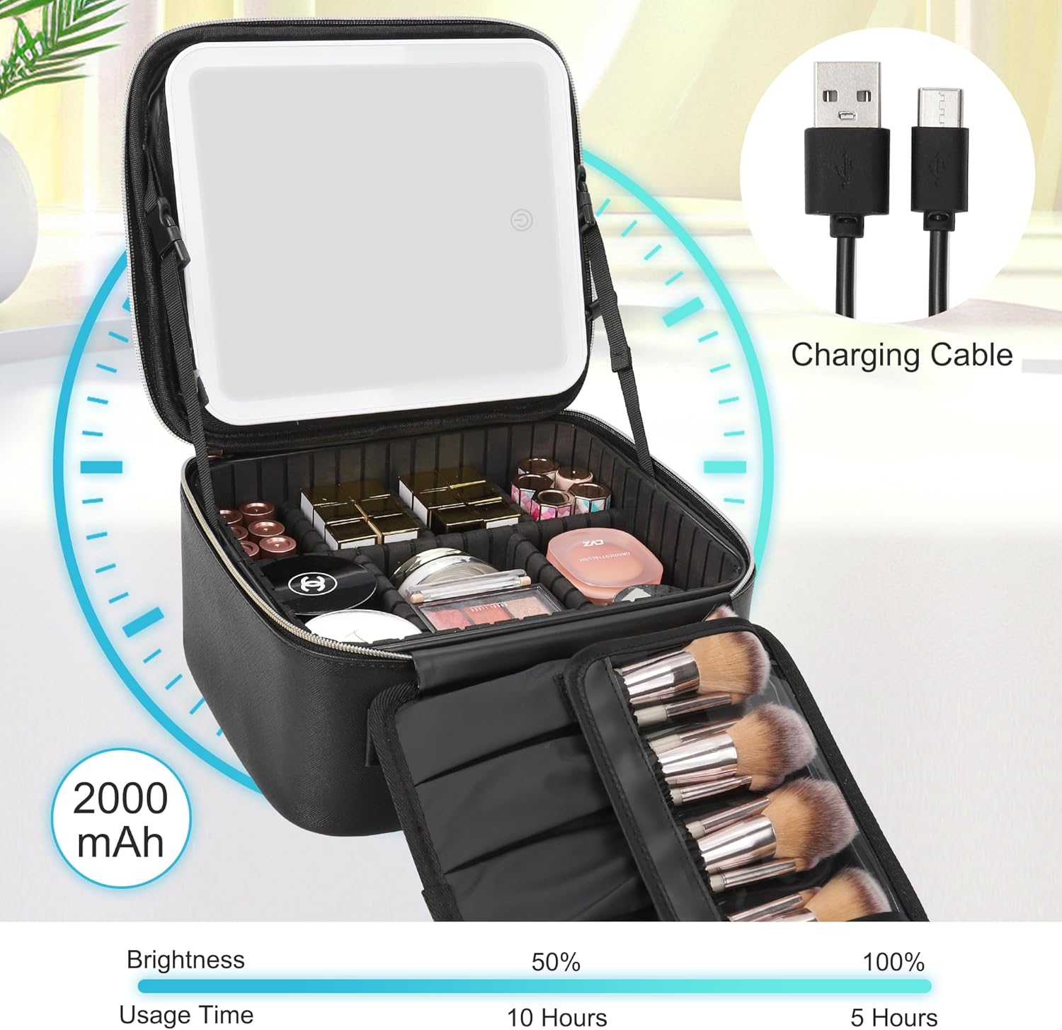 Relavel Travel Makeup Bag With LED Mirror, Cosmetic Train Case with Light up Mirror, Portable Makeup Artist Organizer Bag with Adjustable Dividers, Makeup Brush Holder Storage, Black - Image 4
