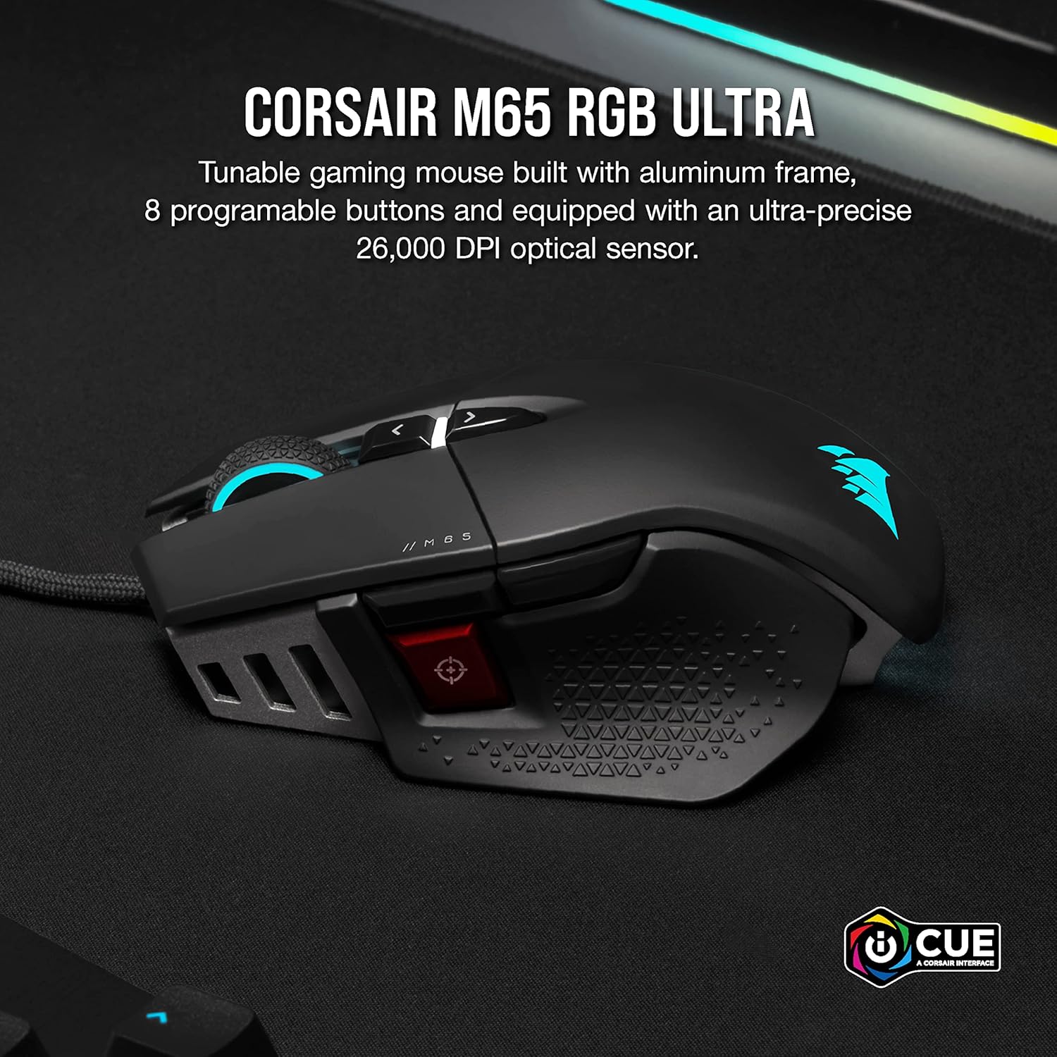 Corsair M65 RGB Ultra Tunable FPS Gaming Mouse Marksman 26,000 DPI Optical Sensor, Optical Switches, AXON Hyper-Processing Technology, Sensor Fusion Control, Tunable Weight System - Black - Image 2
