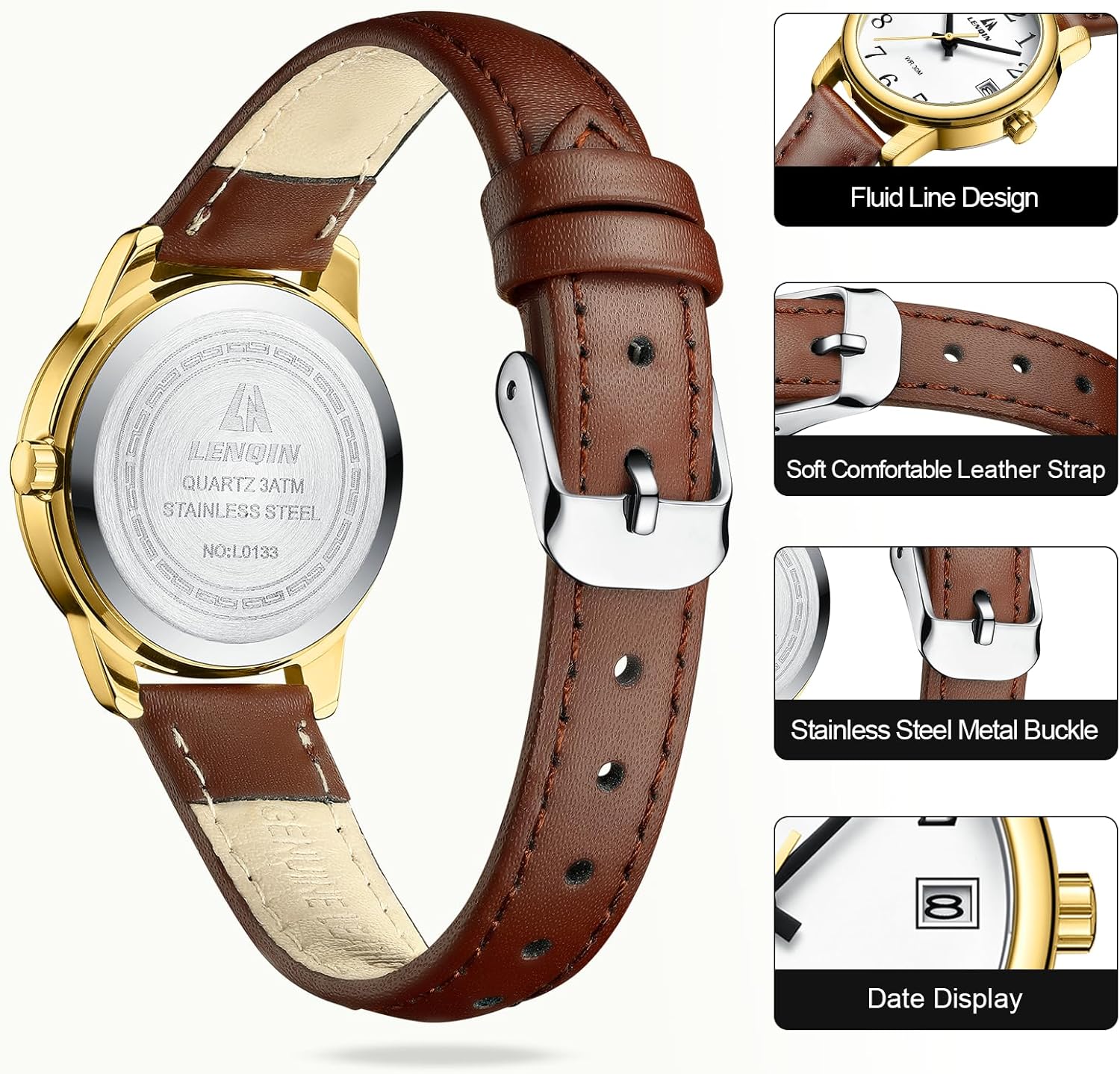 LN LENQIN Ladies Watches Analog Quartz Watch for Women Waterproof Women's Wrist Watches Easy Reader Womens Watch with Leather Strap - Image 3