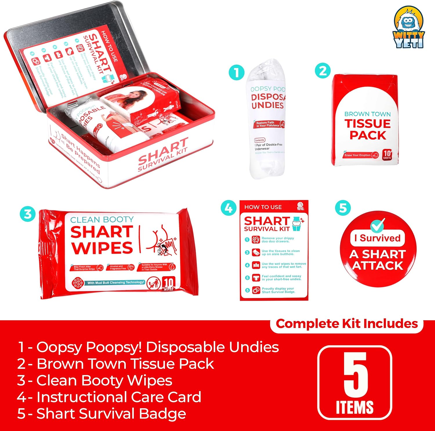 Funny Shart Survival Kit by Witty Yeti. Ultimate Poop Prank Gag Gift Set Contains Wet Wipes, Disposable Underwear, Tissues and Hilarious Badge. Novelty Fart Potty Pack Great for Friends or Family - Image 3