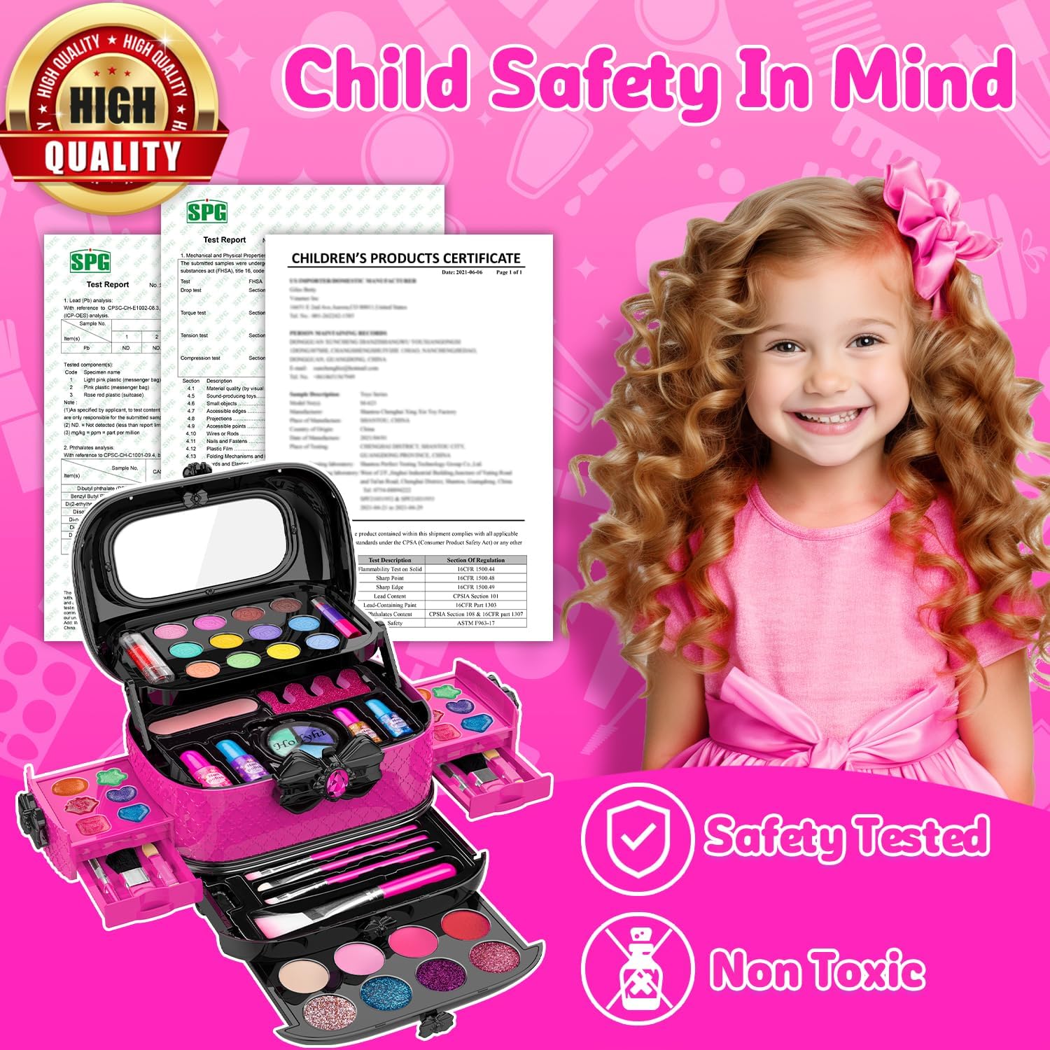 Hollyhi 58 Pcs Kids Makeup Kit for Girl, Princess Toys Real Washable Cosmetic Set with Mirror, Kids Makeup Sets for Girls, Play Make Up Birthday Gifts for 3 4 5 6 7 8 9 10 11 12 Years Old Kid (Rose) - Image 5