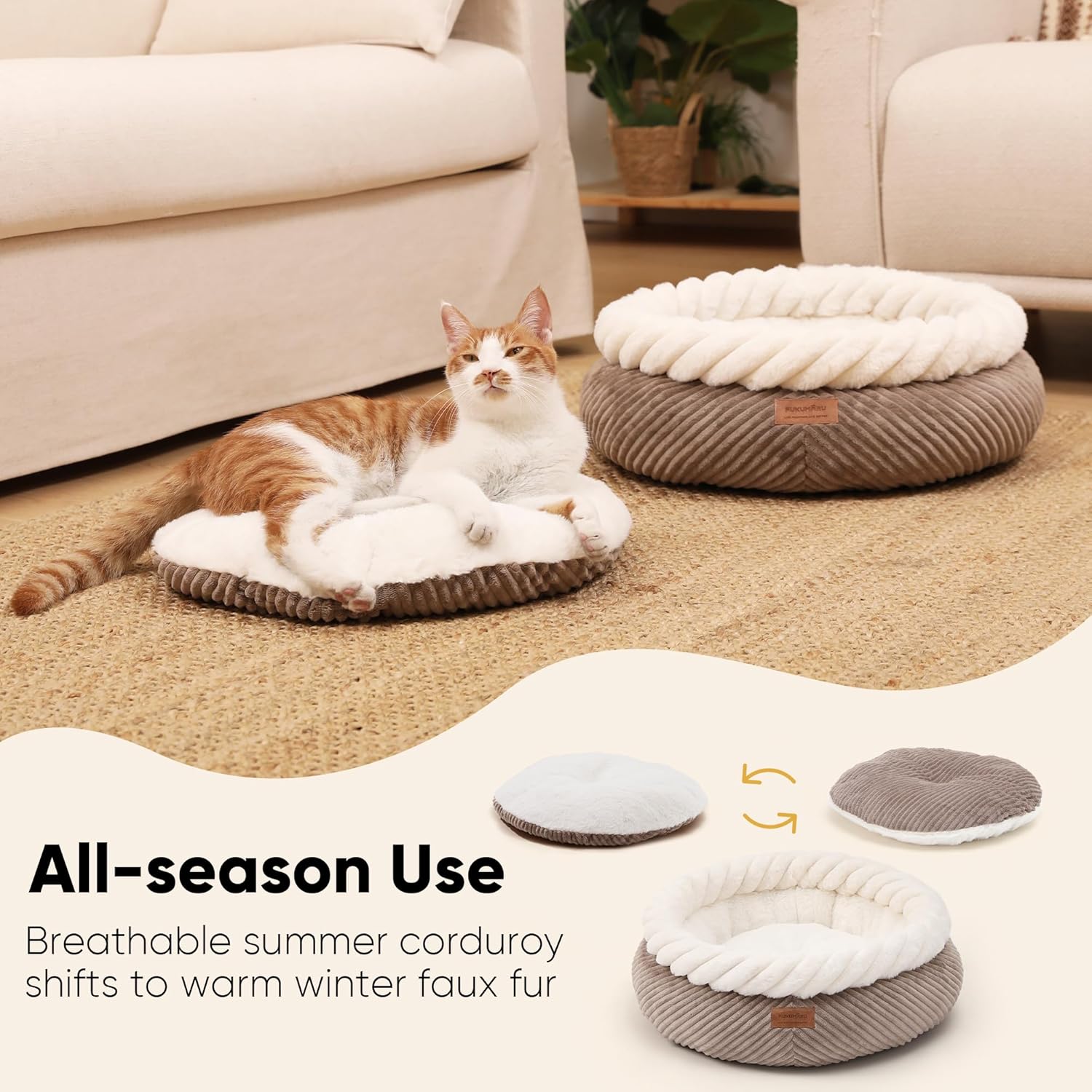 FUKUMARU Cat Bed, Calming Donut Dog Beds, Plush Faux Fur&Corduroy Kitten Beds, Cute Round Washable Pet Bed for Large Cats and Puppy, Cat Cave with Anti-Slip Bottom, 21inch, Camel - Image 5