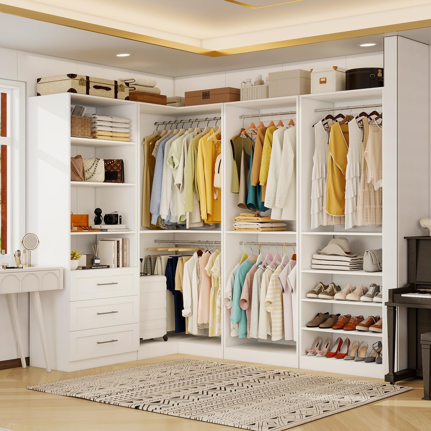 Closet Organizer System of 4 Sets with 3 Drawers, 9 Hanging Rods & 8 Shelves, 157" Walk in Closet System, Corner Closet Organizer, Modular Standalone Closet, White - Image 8