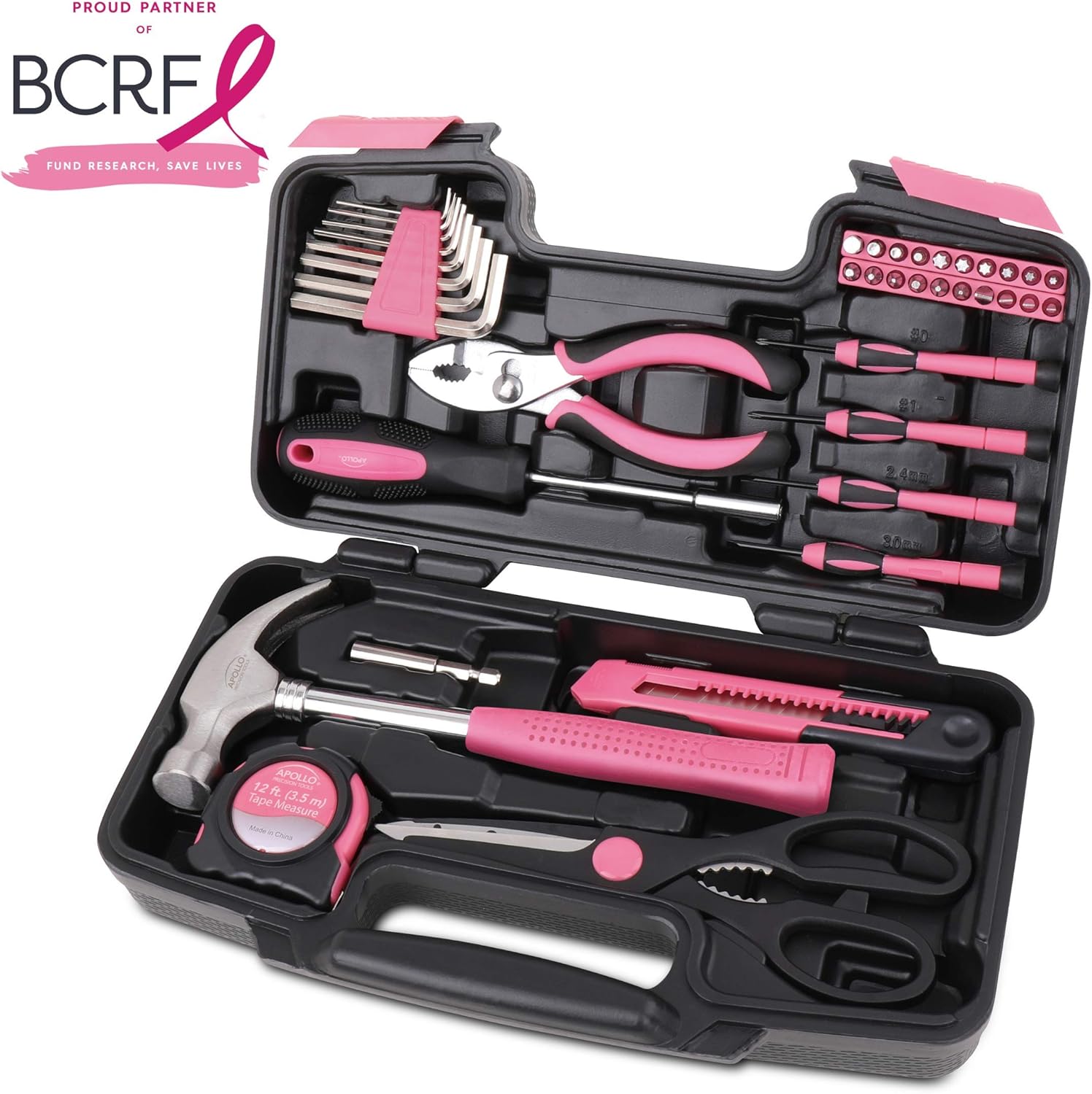Apollo Tools Original 39 Piece General Household Tool Set in Toolbox Storage Case with Essential Hand Tools for Everyday Home Repairs, DIY and Crafts - Pink Ribbon - Pink - DT9706P - Image 4