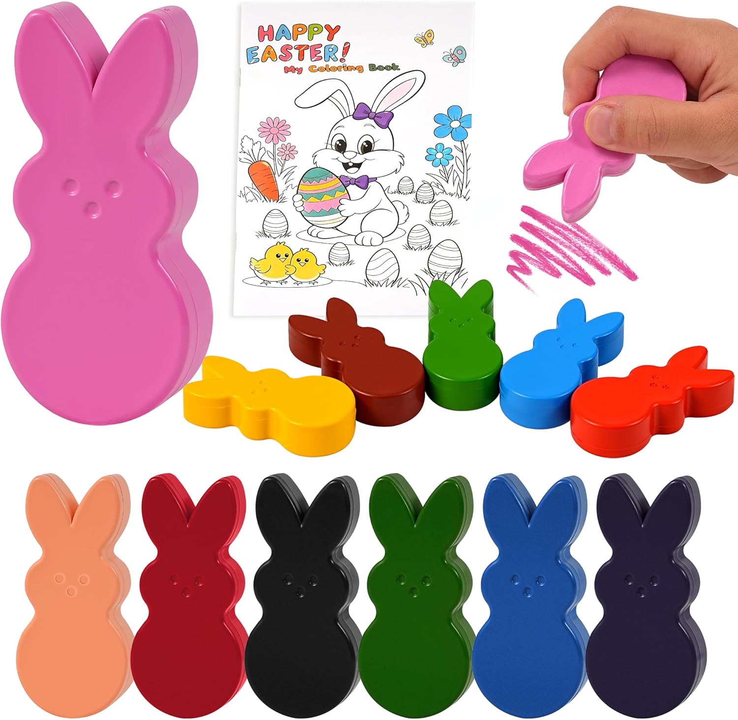 Easter Basket Stuffers for Toddler,12 Colors Non-Toxic Washable Bunny Rabbit-Shaped Crayons for Kids with Easter Coloring Book Easter Egg Fillers Hunt, Classroom Games Supplies for Boys Teens