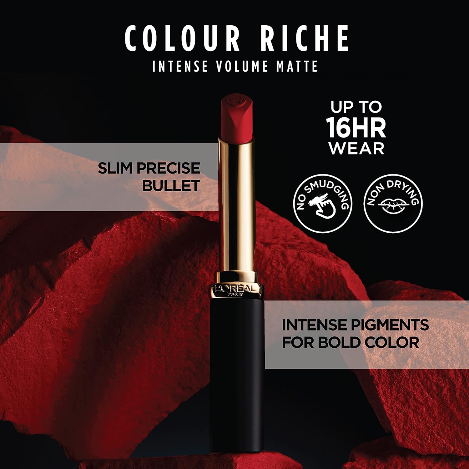 L'Oreal Paris Colour Riche Intense Volume Matte Lipstick, Lip Color Infused with Hyaluronic Acid for up to 16hr All Day Comfort, Le Carmin Courage, 0.06 oz - Image 3