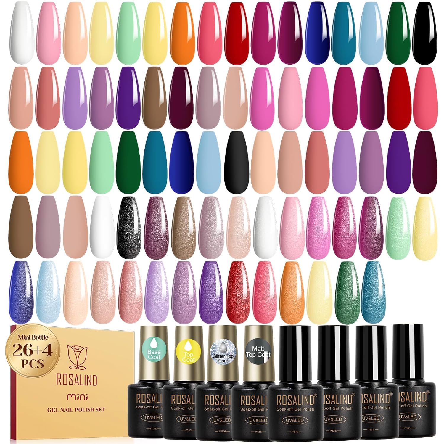 ROSALIND 30pcs Gel Nail Polish Set, 26 Colors Gel Polish with 3Pcs Glossy Matte Glitter Top Coat and Base Coat All Seasons Nude Blue Red Gel Nails art Kit DIY Salon at Home