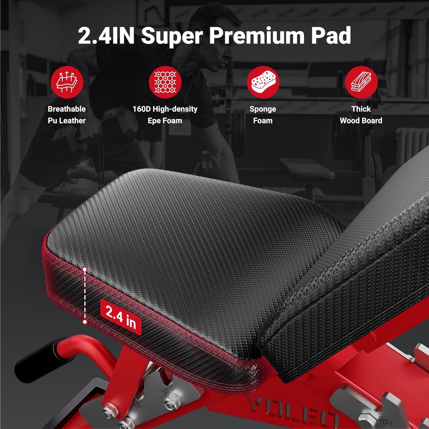 YOLEO Commercial Adjustable Weight Bench - Heavy Duty Workout Bench for Home Gym, Decline/Flat/Incline Bench Press 2.4" Thick Pad(6-Step Assembly) (Red) - Image 4