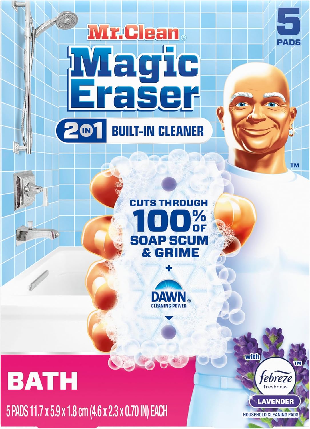 Mr. Clean Magic Eraser Sponge, Bathroom Cleaner, Shower Cleaner, Tub Cleaner, Soap Scum Remover, Bathroom Cleaning Supplies, Dawn Cleaning Power with Febreze Lavender Scent, 5ct - Image 10
