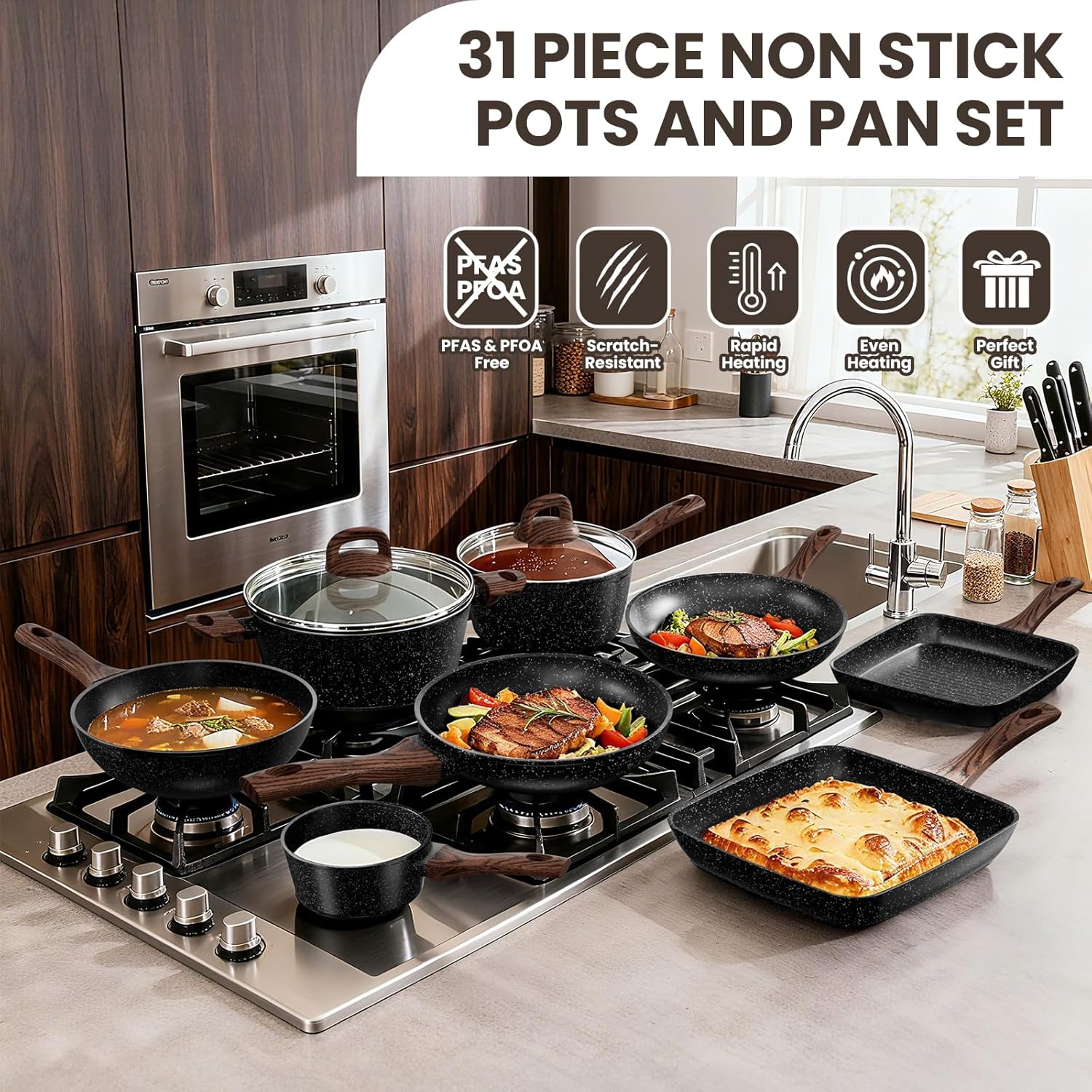 Pots and Pans Set Non Stick, 31 Piece Kitchen Induction Cookware & Bakeware Set, Nonstick Kitchen Cooking Pans Set with Frying Pans Set Grill Pan Saucepan Baking Sheet & Utensils, PFOA Free - Image 5