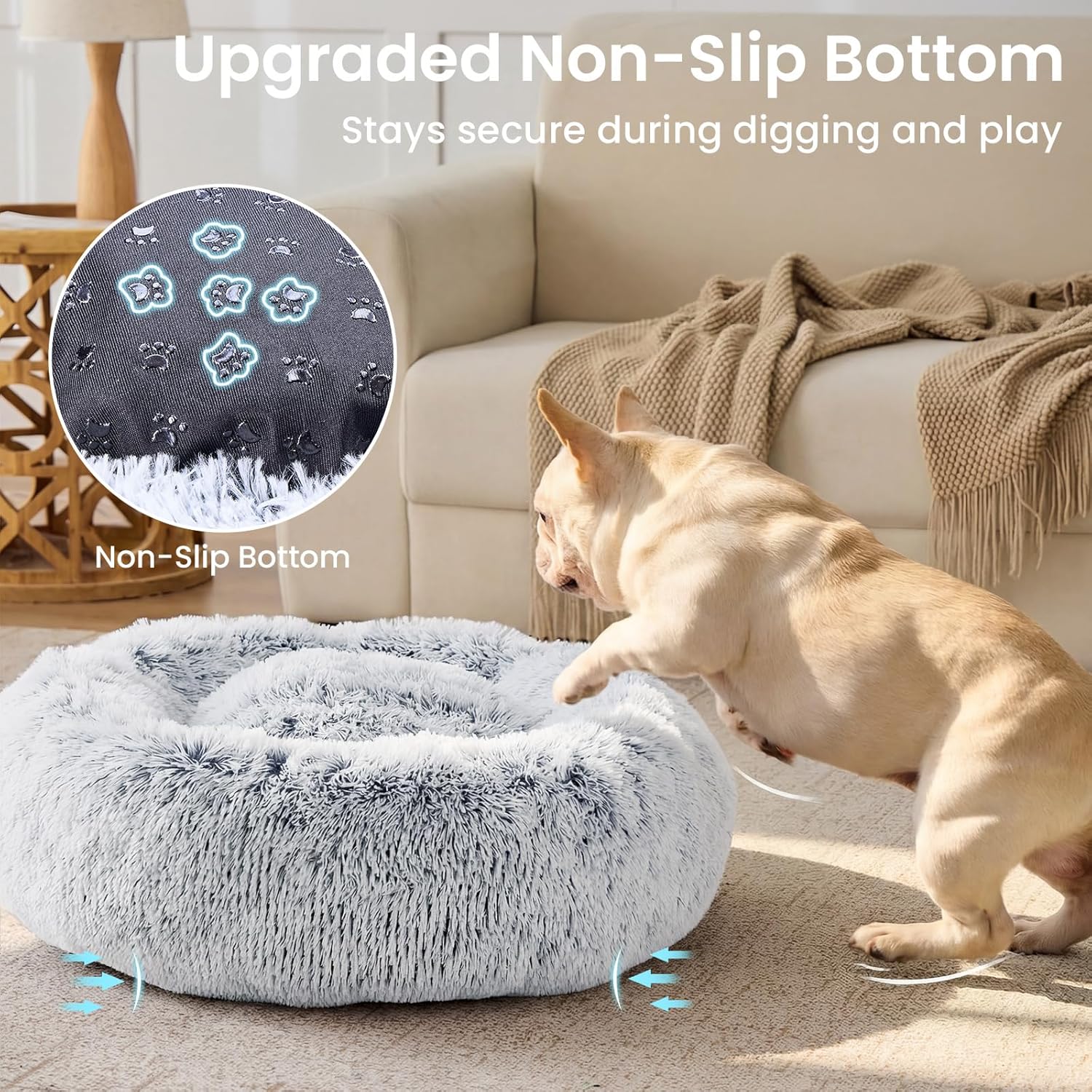JOLLYVOGUE Small Dog & Cat Beds for Indoor Cats - 20 inches Calming Donut Dog Bed for Kittens & Puppies, Washable Round Fluffy Plush Faux Fur Pet Beds (Smoke Grey) - Image 5