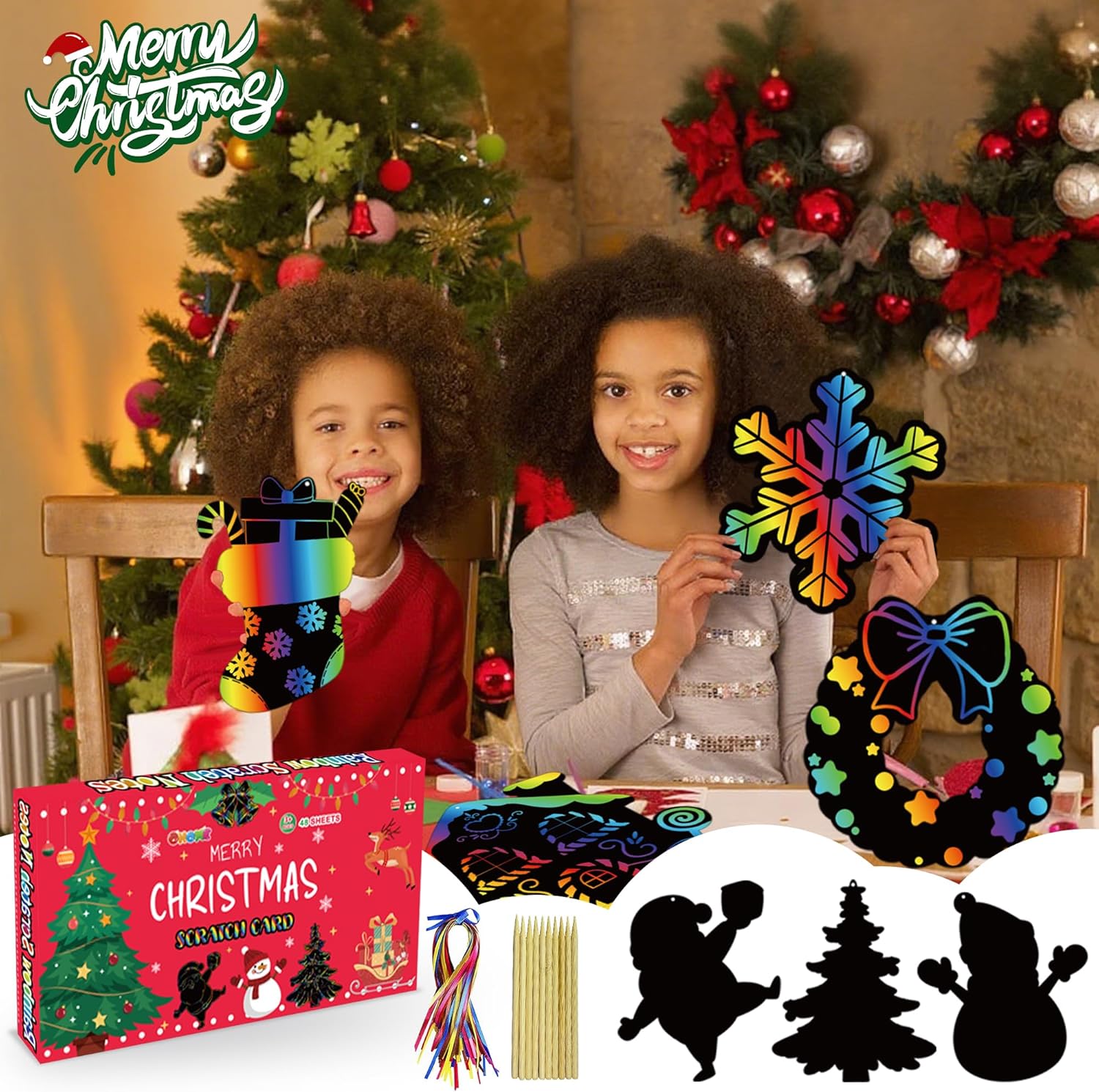 Stocking Stuffers - 48 PCS Rainbow Scratch Paper Cards Set | Christmas Crafts Toys Game for Kids - Christmas Gifts Ornaments Party Favors Decorations Supplies for Grandkids - Toddler Stocking Stuffers - Image 6