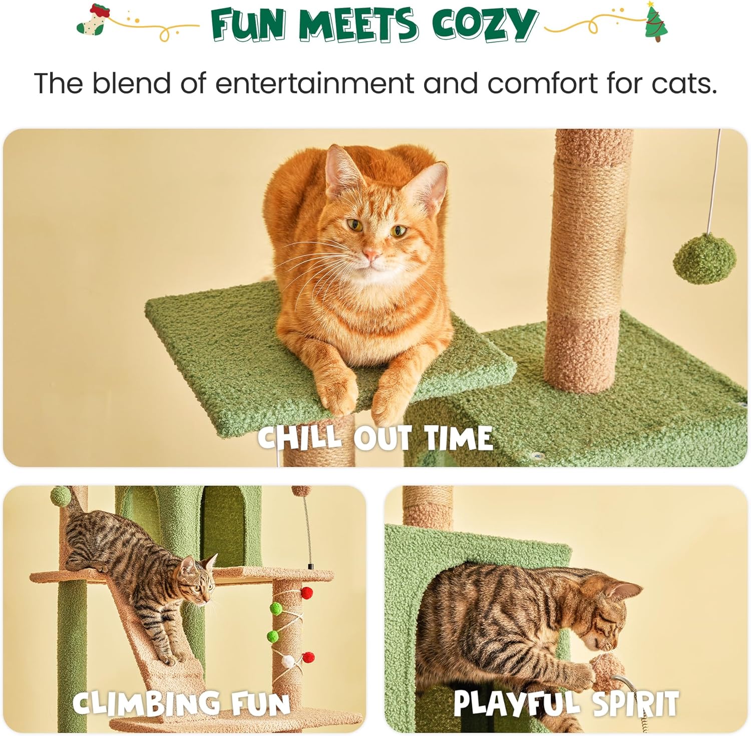 MWPO 63.8 Inches Green Cat Tree for Indoor Cats, Multi-Level Cat Tower with Sisal-Covered Scratching Posts, Padded Platform, Hammock, Dangling Toys, Stable Cat Condo Pet Play House - Image 8