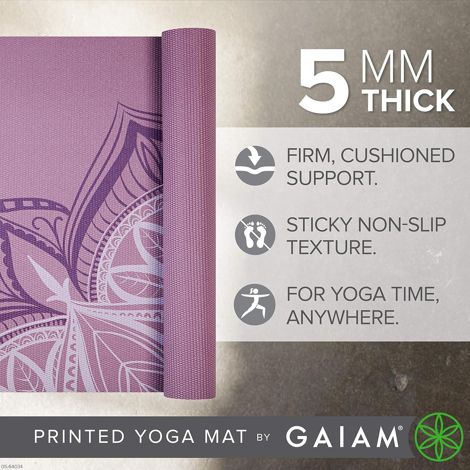 Gaiam Yoga Mat - Premium 5mm Print Thick Non Slip Exercise & Fitness Mat for All Types of Yoga, Pilates & Floor Workouts (68" x 24" x 5mm) - Image 2