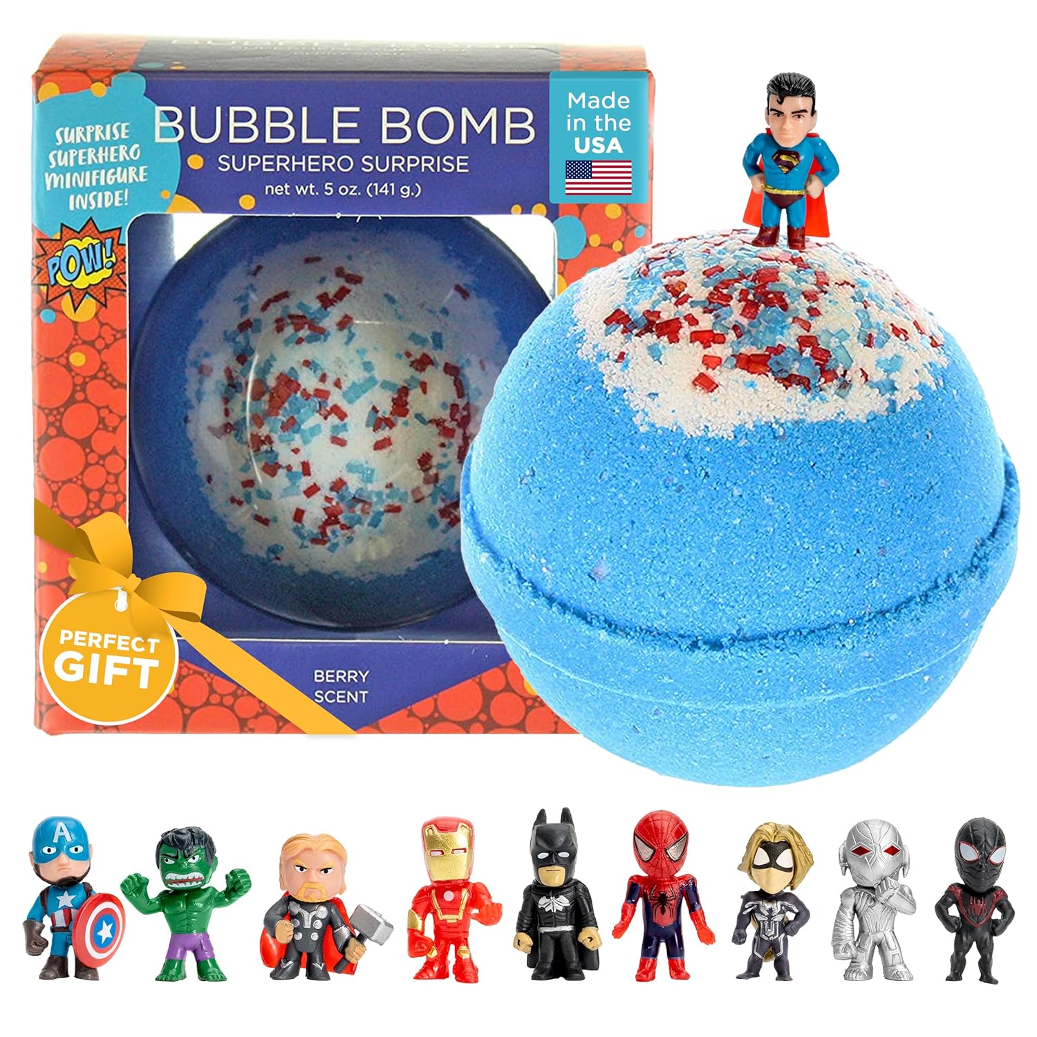 Superhero Bath Bombs for Kids & Boys with Surprise Hero Toys Inside (1 Pack) - Large Bubble Bath Bombs for Boys & Girls - Boys Easter Basket Stuffers & Gifts - Fruity Scent, USA Made by Two Sisters