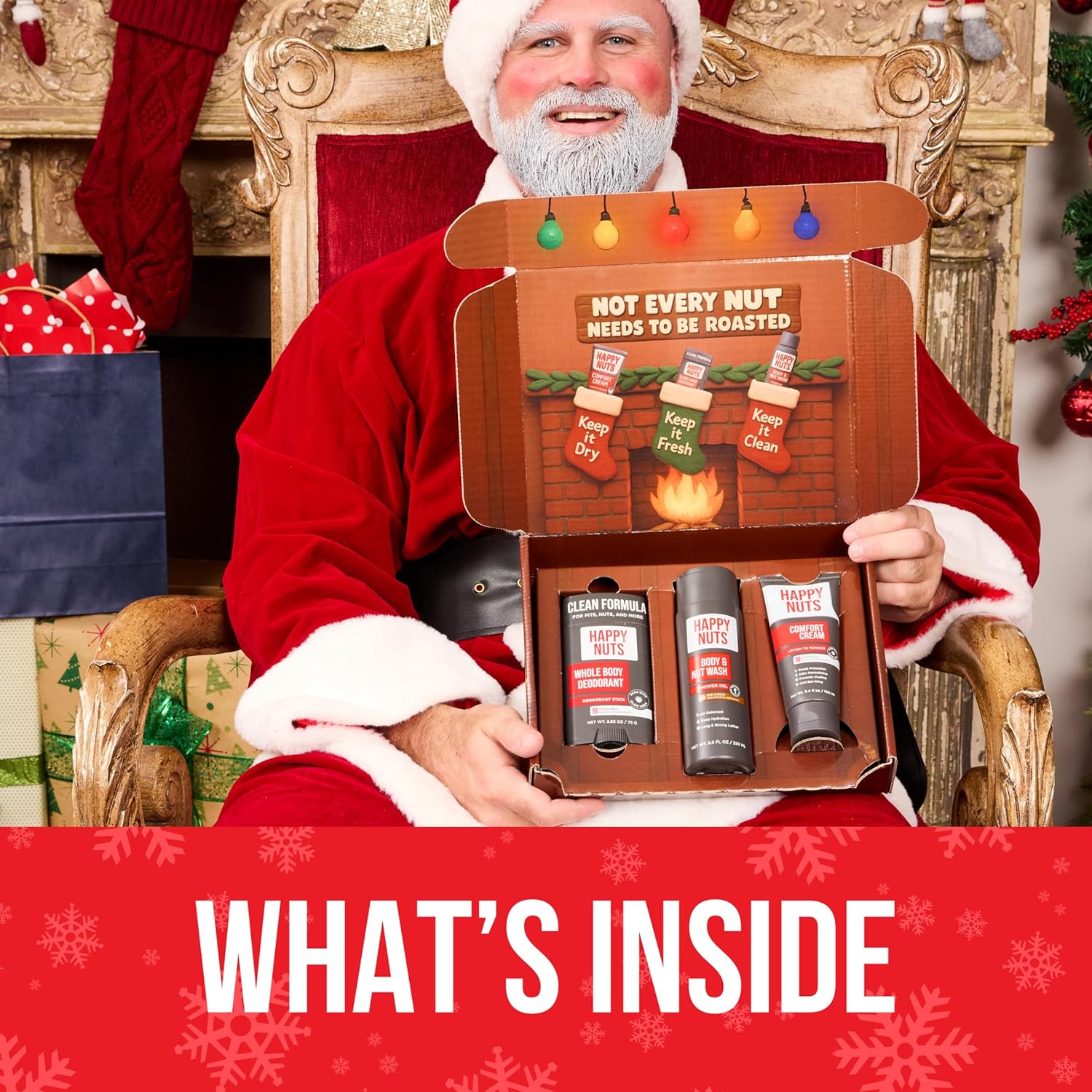 HAPPY NUTS Holiday Essentials Bundle Kit - Gift Box for Men with Comfort Cream, Hydrating Body Wash & Whole Body Deodorant - Mens White Elephant Gift Basket Idea for Him and Stocking Stuffer - Image 4