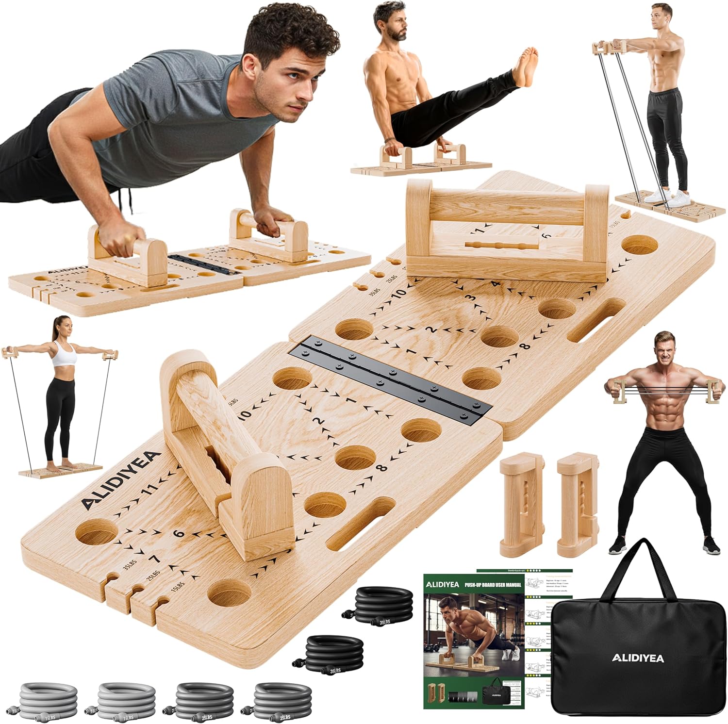 Push Up Board 30 in 1 Foldable with Resistance Bands - Thickened Pine Wood Multi-Push Up Board for Men & Women, Portable Gym/Home Workout Gear for Chest, Shoulders, Arms & Back