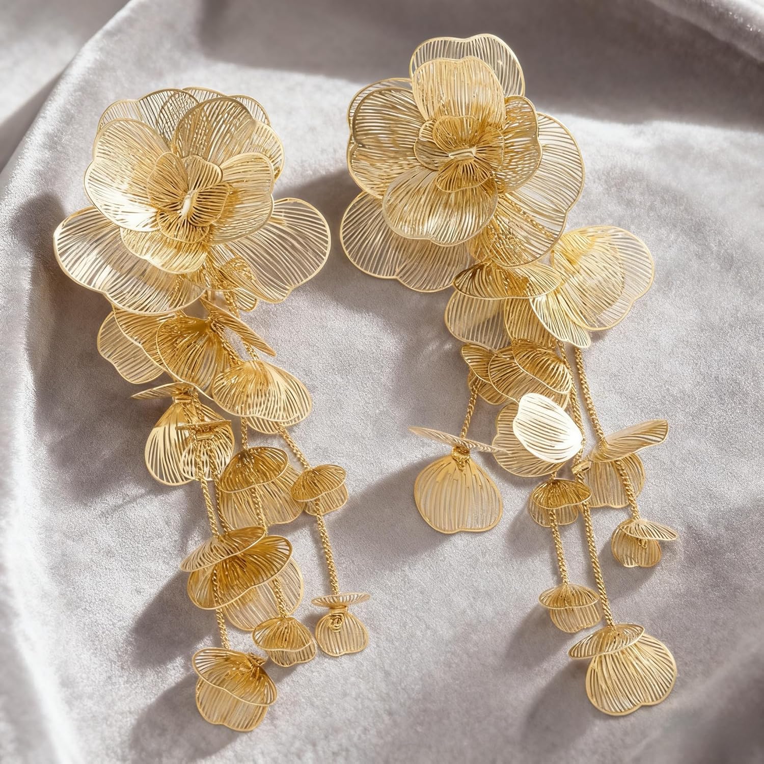 Gold Silver Filigree Floral Dangle Earrings for Women, Long Drop Statement Earrings for Vintage Wedding Jewelry - Image 2