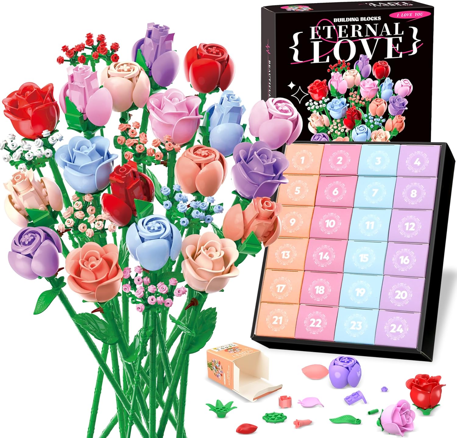 Sopu Colorful Rose Bouquet Flowers Building Set, 24 Boxes 1380Pcs Artificial Flowers Botanical Collection Flowers for Adults Gift for Mothers Day Mom Birthday Gifts Women Wife Girlfriend