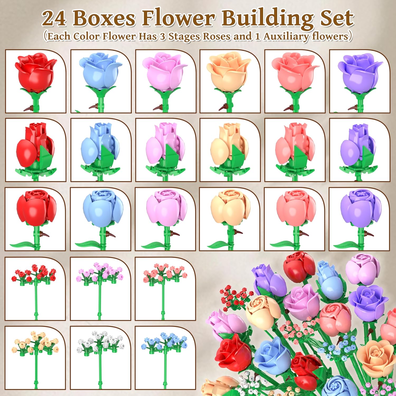 Sopu Colorful Rose Bouquet Flowers Building Set, 24 Boxes 1380Pcs Artificial Flowers Botanical Collection Flowers for Adults Gift for Mothers Day Mom Birthday Gifts Women Wife Girlfriend - Image 2
